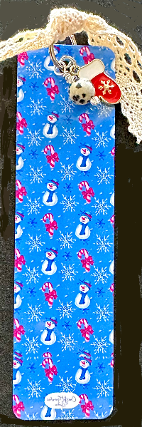 All The Jolly Snowmen LIghtweight Aluminum BoomarkWith Vintage Lace, Charms and a Jasper Bead (1114-B)