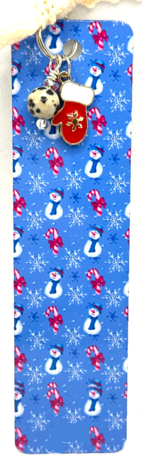 All The Jolly Snowmen LIghtweight Aluminum BoomarkWith Vintage Lace, Charms and a Jasper Bead (1114-B)