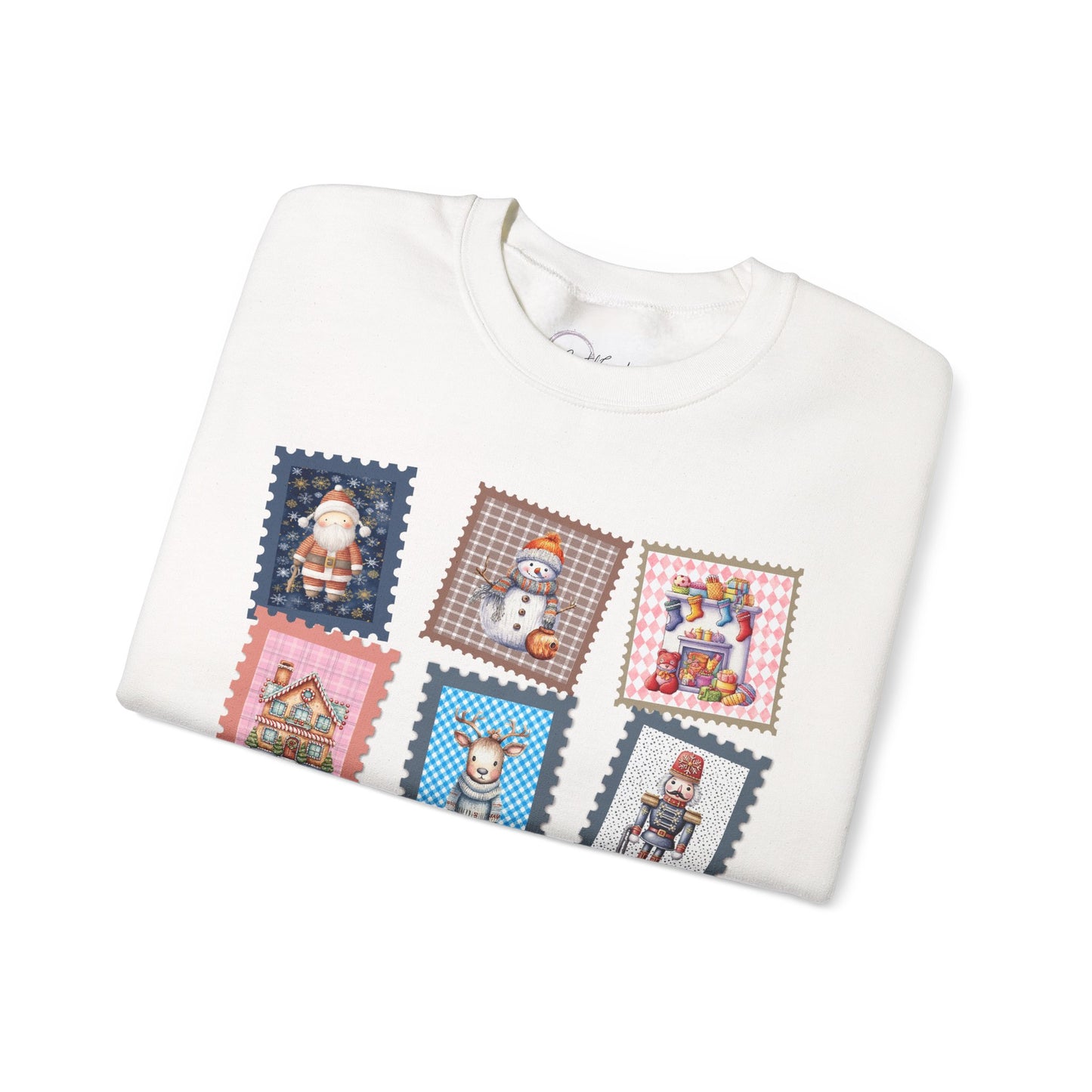 Cozy Christmas! Crewneck Sweatshirt, Cute Holiday Gift, Unisex, Cozy Casual Wear, Scrapbook Style, Postage Stamp (HC-1009)