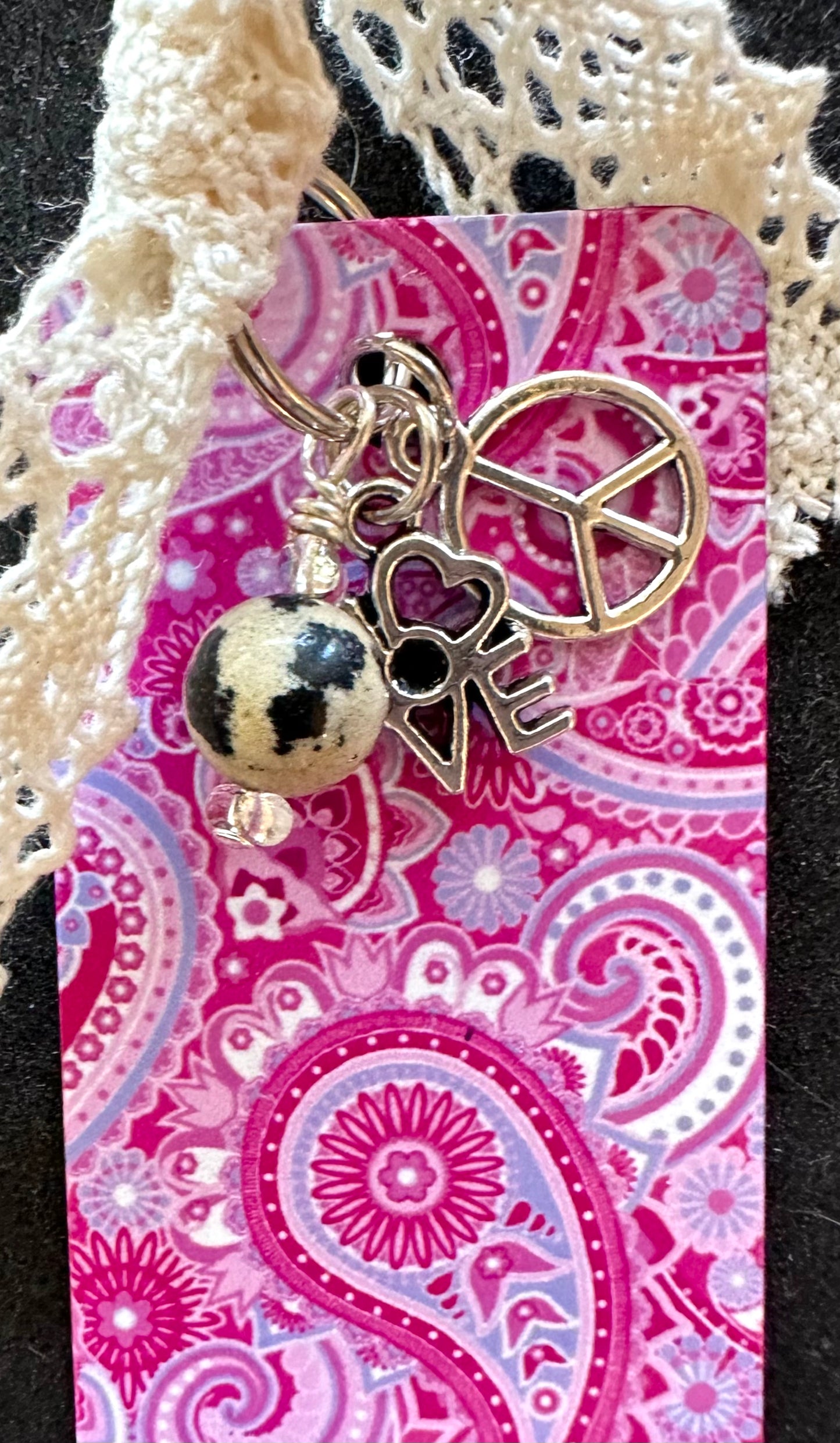 '70's Paisley! Lightweight Aluminum Bookmark With Vintage Lace, Charms and a Jasper Bead (1364-B)