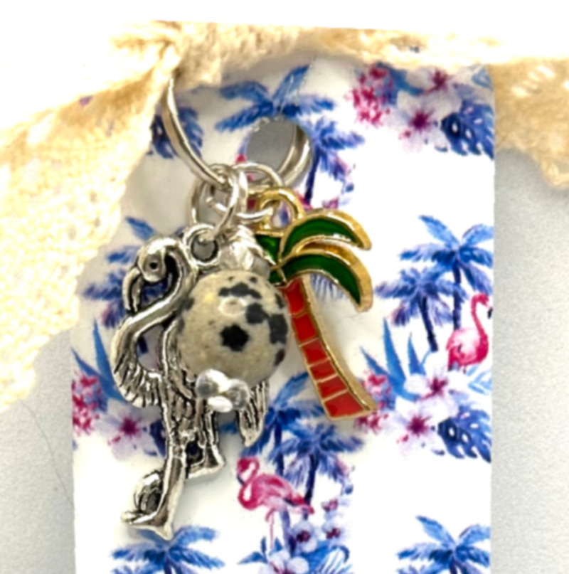 Flamingoes & Palm Trees Lightweight Aluminum Bookmark With Vintage Lace, Charms & a Jasper Bead (1525-B)