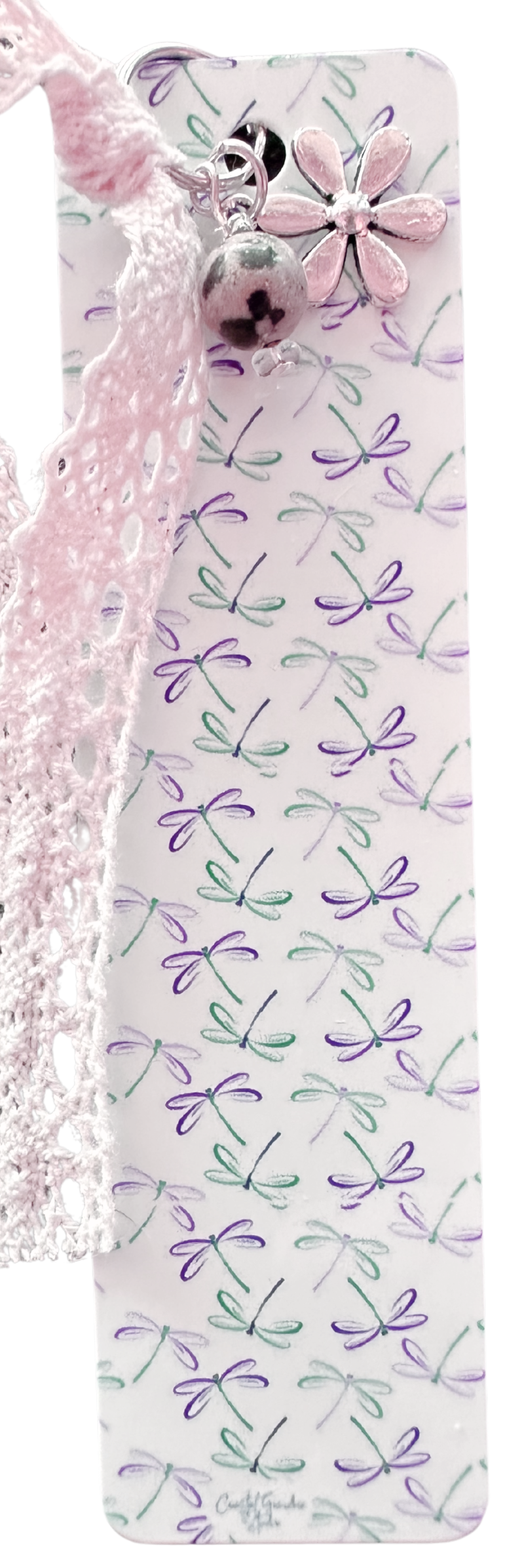 Dragonfly Magic! Lightweight Aluminum Bookmark With Vintage Lace, Charms & a Jasper Bead (1320-B)