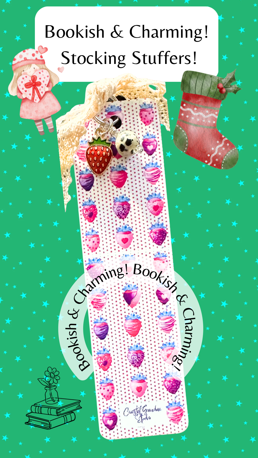 Strawberries & Chocolate? Yum! Lightweight Aluminum Bookmark With Vintage Lace, Charms & a Jasper Bead (1401-B)