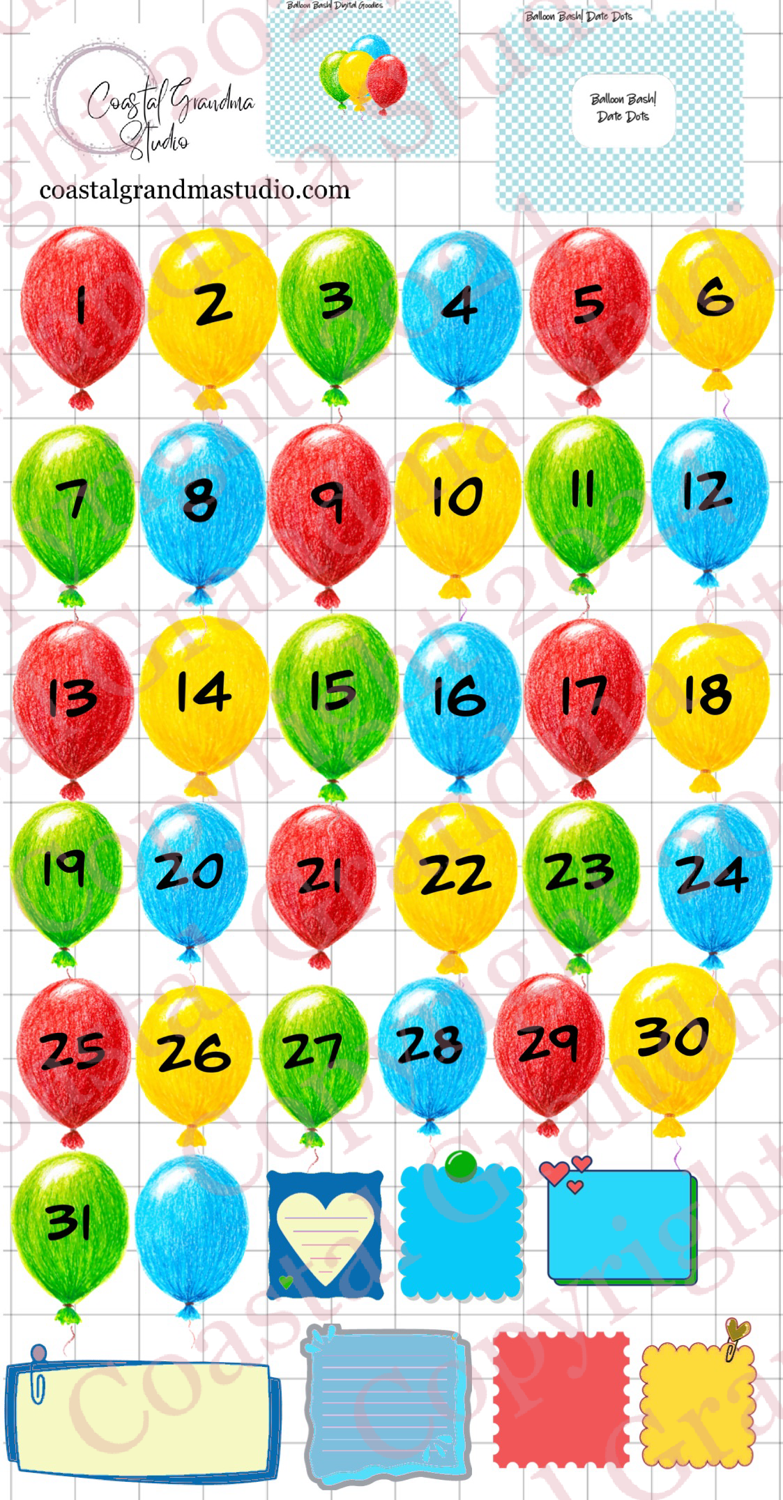 Balloon Bash! Date Dots Digital Pre-Cropped Stickers For Goodnotes (6500-DD)