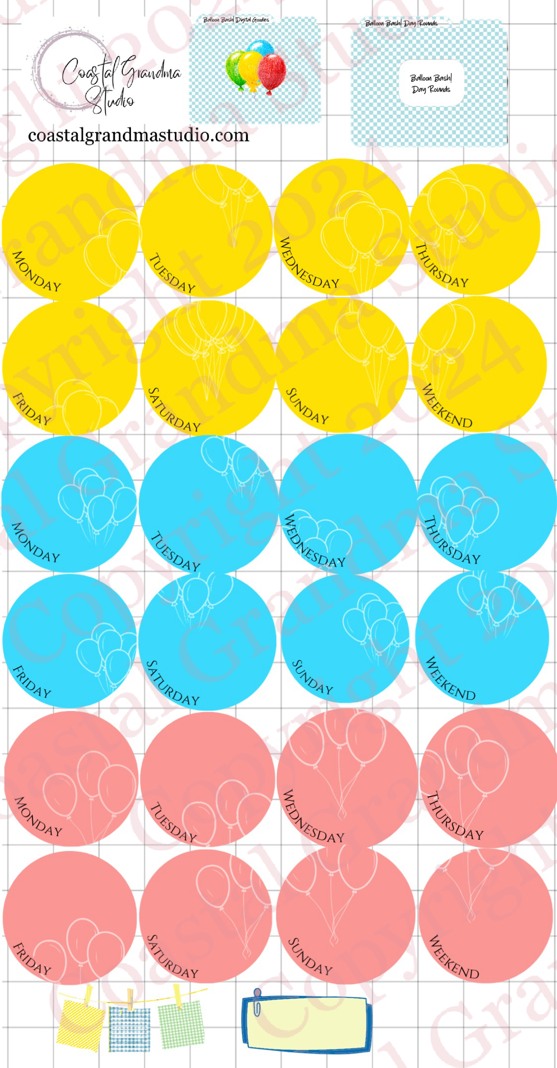 Balloon Bash! Day Rounds Digital Pre-Cropped Stickers For Goodnotes (6500-DR)