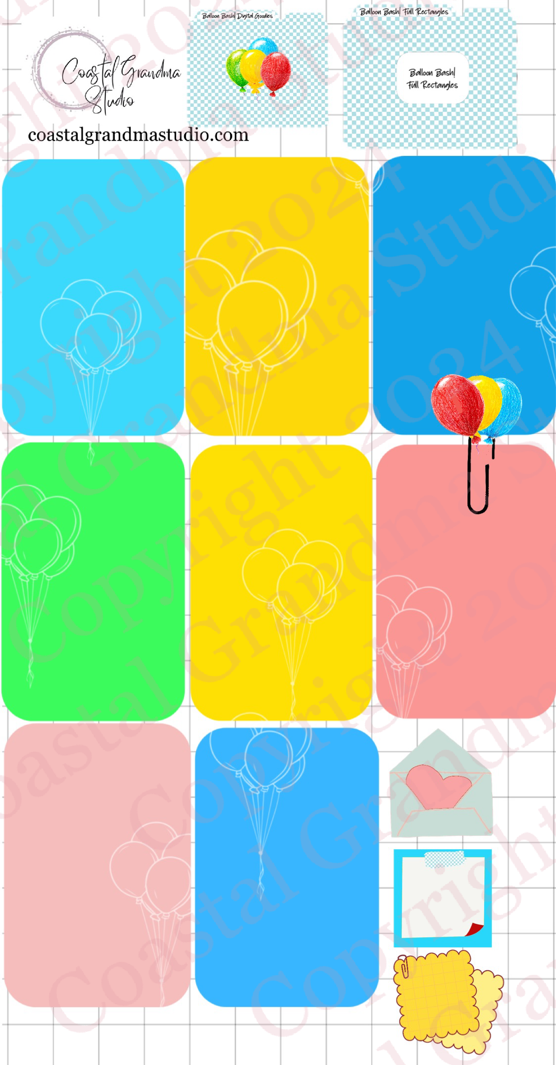 Balloon Bash! Full Rectangles Digital Pre-Cropped Stickers For Goodnotes (6500-FR)