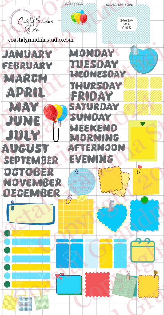Balloon Bash! Days Of The Week/Months Of The Year Digital Pre-Cropped Stickers For Goodnotes (6500-DM)