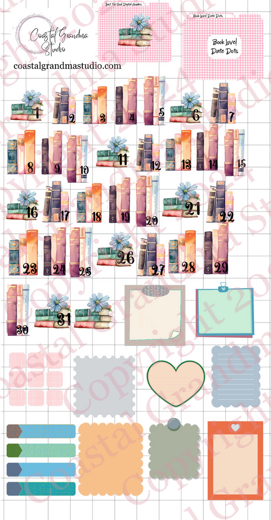 Book Love! Date Dots Digital Pre-Cropped Stickers For Goodnotes (5800-DD)