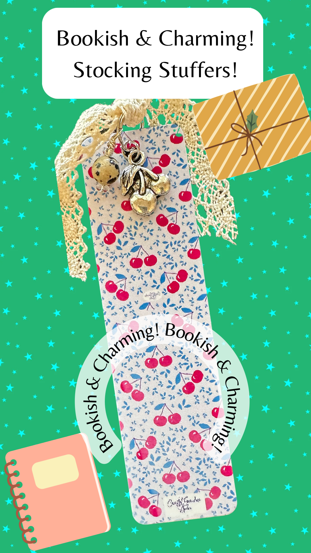 Vintage cherry coquette aesthetic bookmak with cherry charm, dalmation jasper bead charm and vintage cotton lace ribbon.