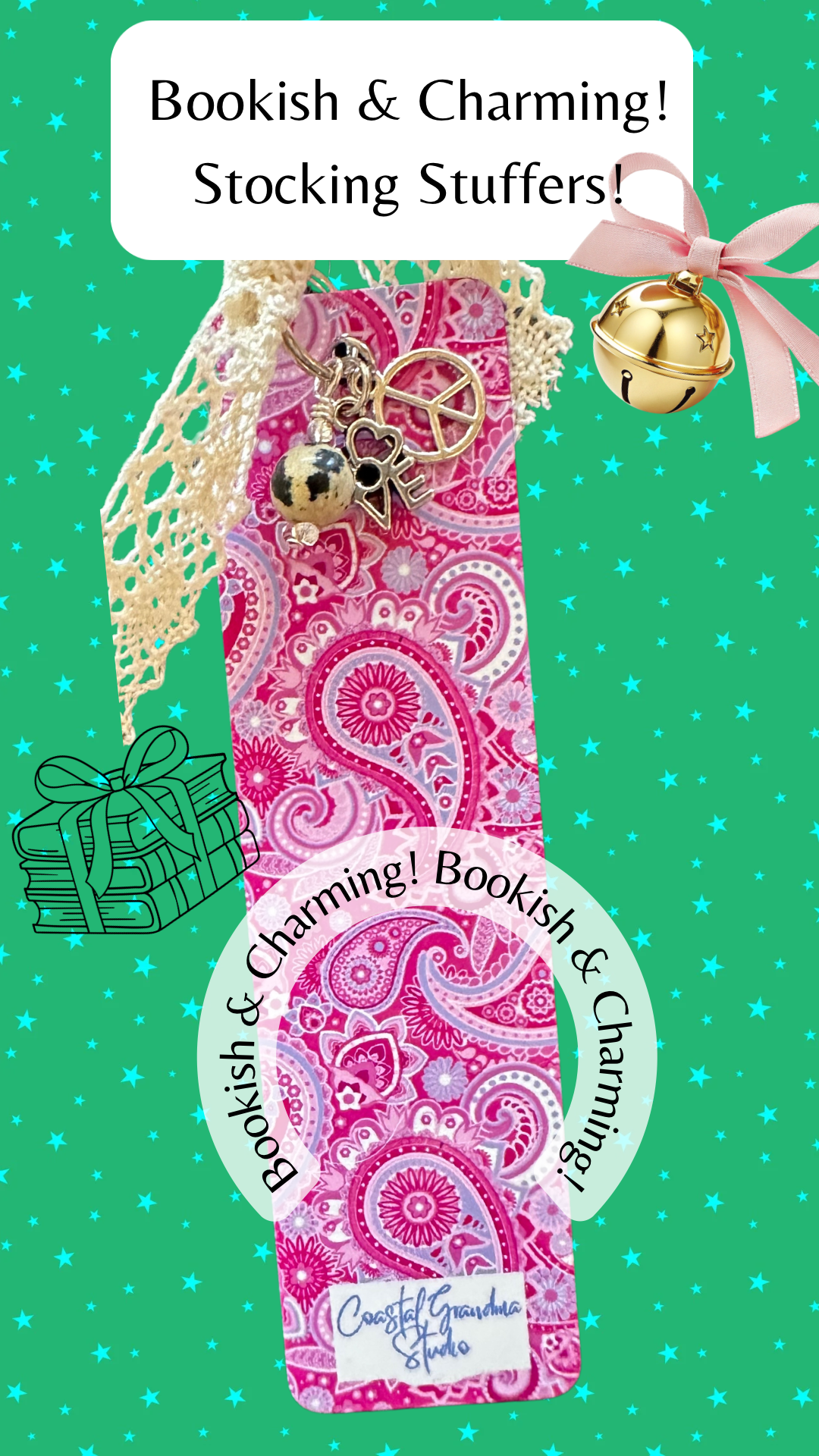'70's Paisley! Lightweight Aluminum Bookmark With Vintage Lace, Charms and a Jasper Bead (1364-B)