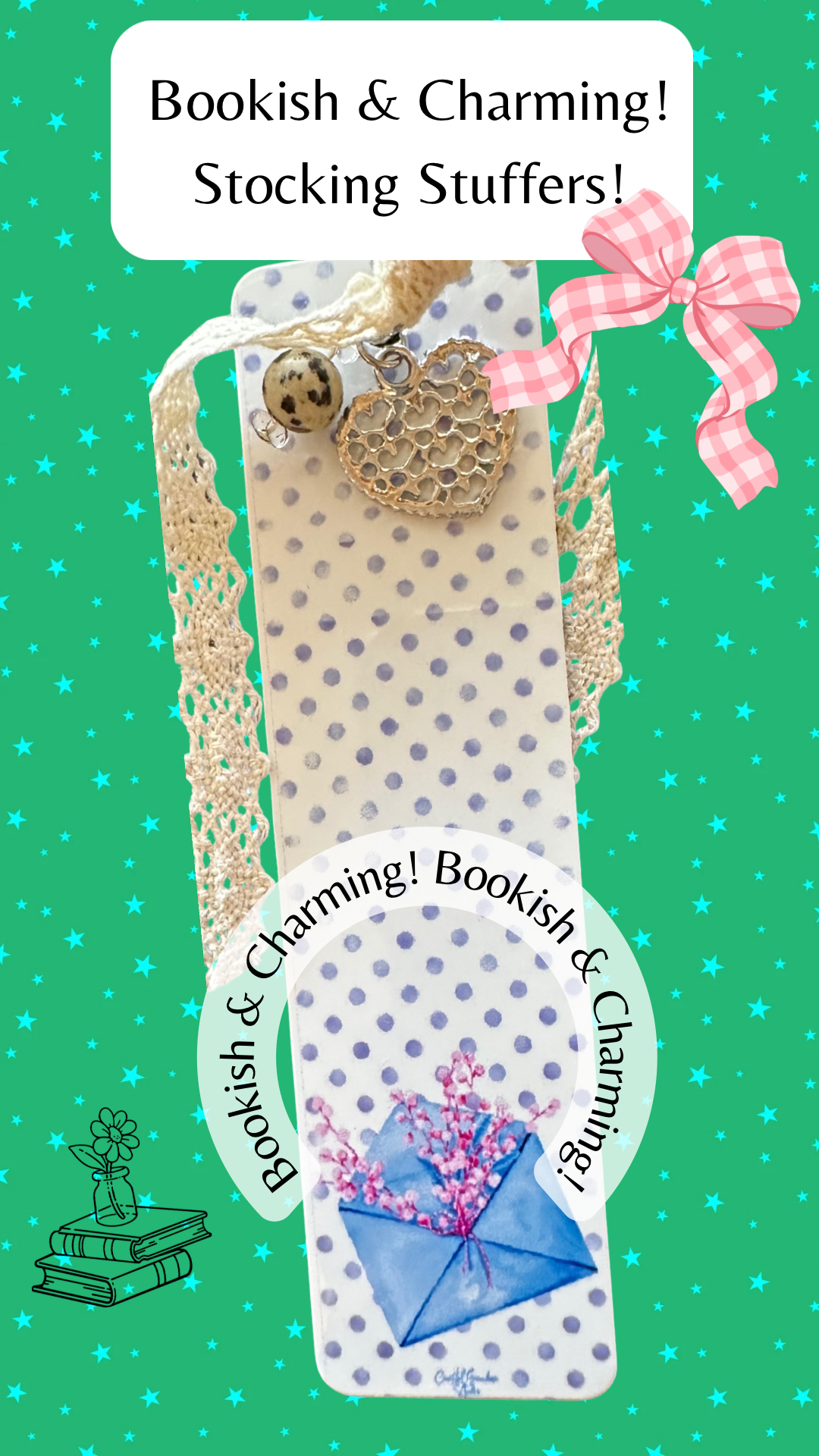Wildflower Love Letter LIghtweight Aluminum Bookmark With Vintage Lace, Charms & a Jasper Bead (1518-B)