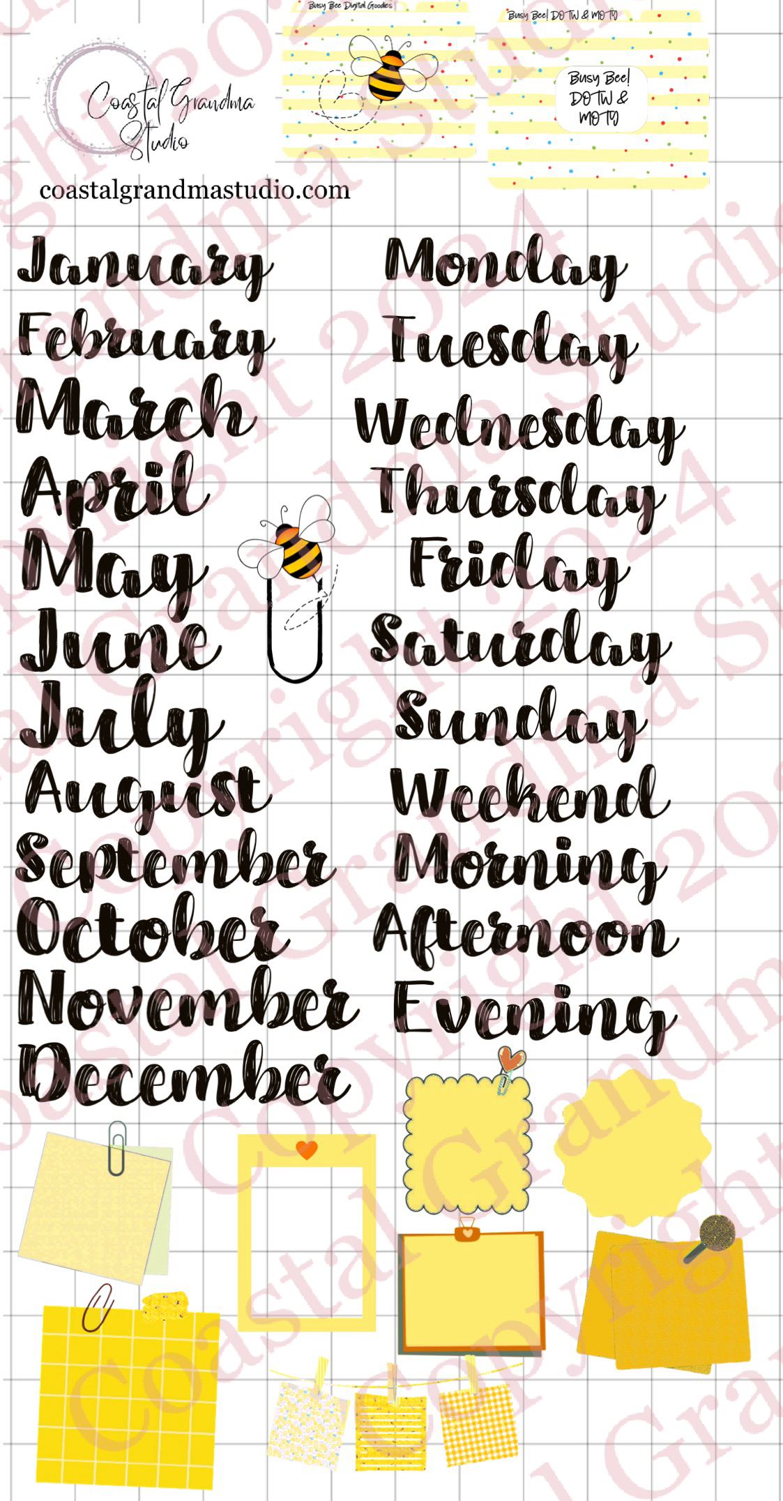 Busy Bee! Days Of The Week/Months Of The Year Digital Pre-Cropped Stickers For Goodnotes (5900-DM)