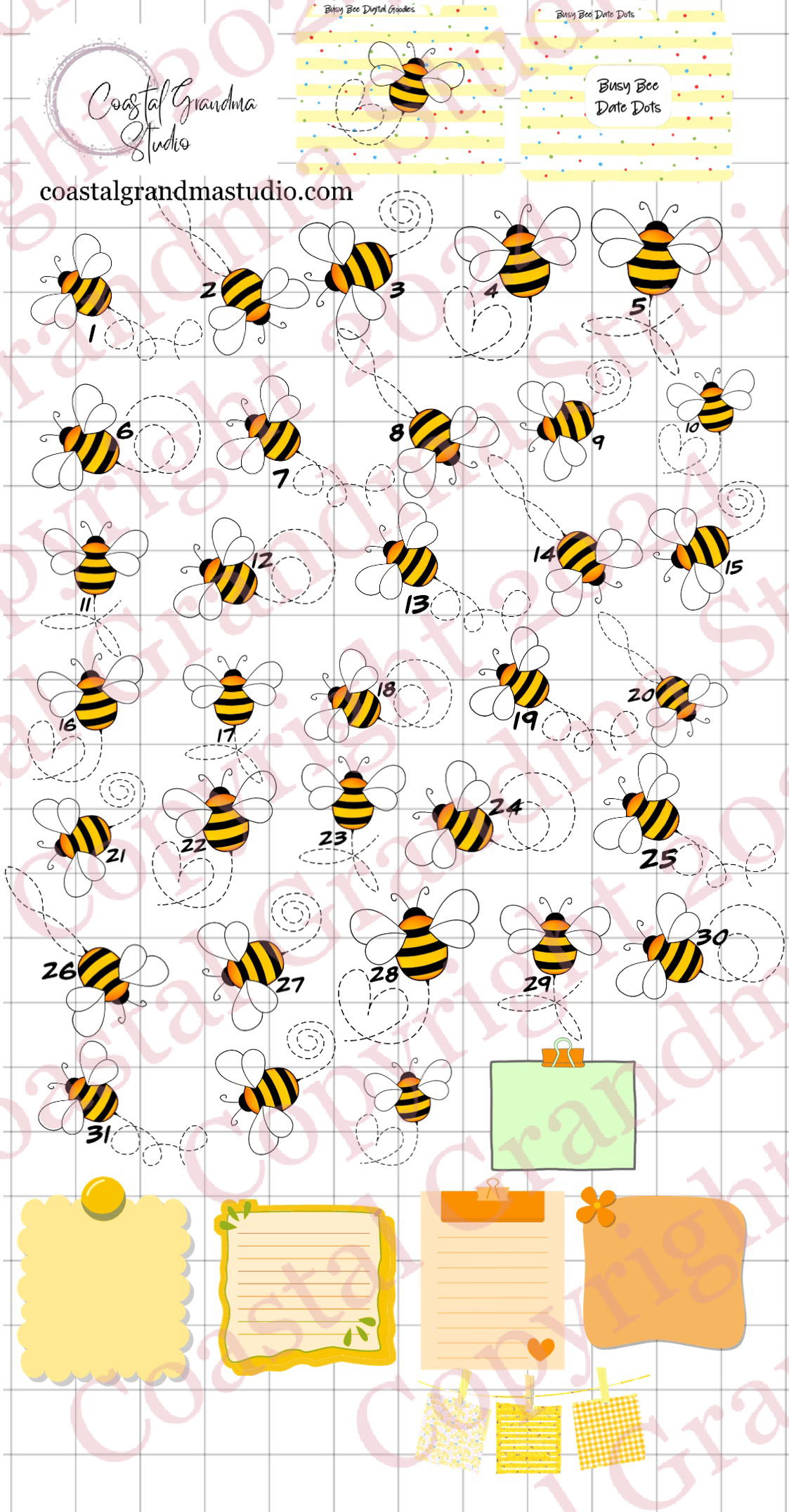Busy Bee! Date Dots Digital Pre-Cropped Stickers For Goodnotes (5900-DD)
