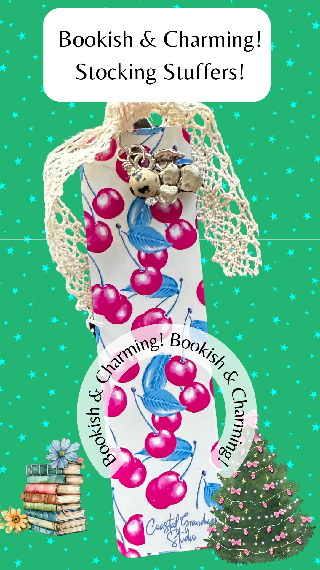 Designed with a lightweight aluminum base, this cute aesthetic bookmark features a delicate cherry charm, a Dalmatian jasper bead charm, and a soft cotton lace ribbon for a touch of shabby, yet chic charm.