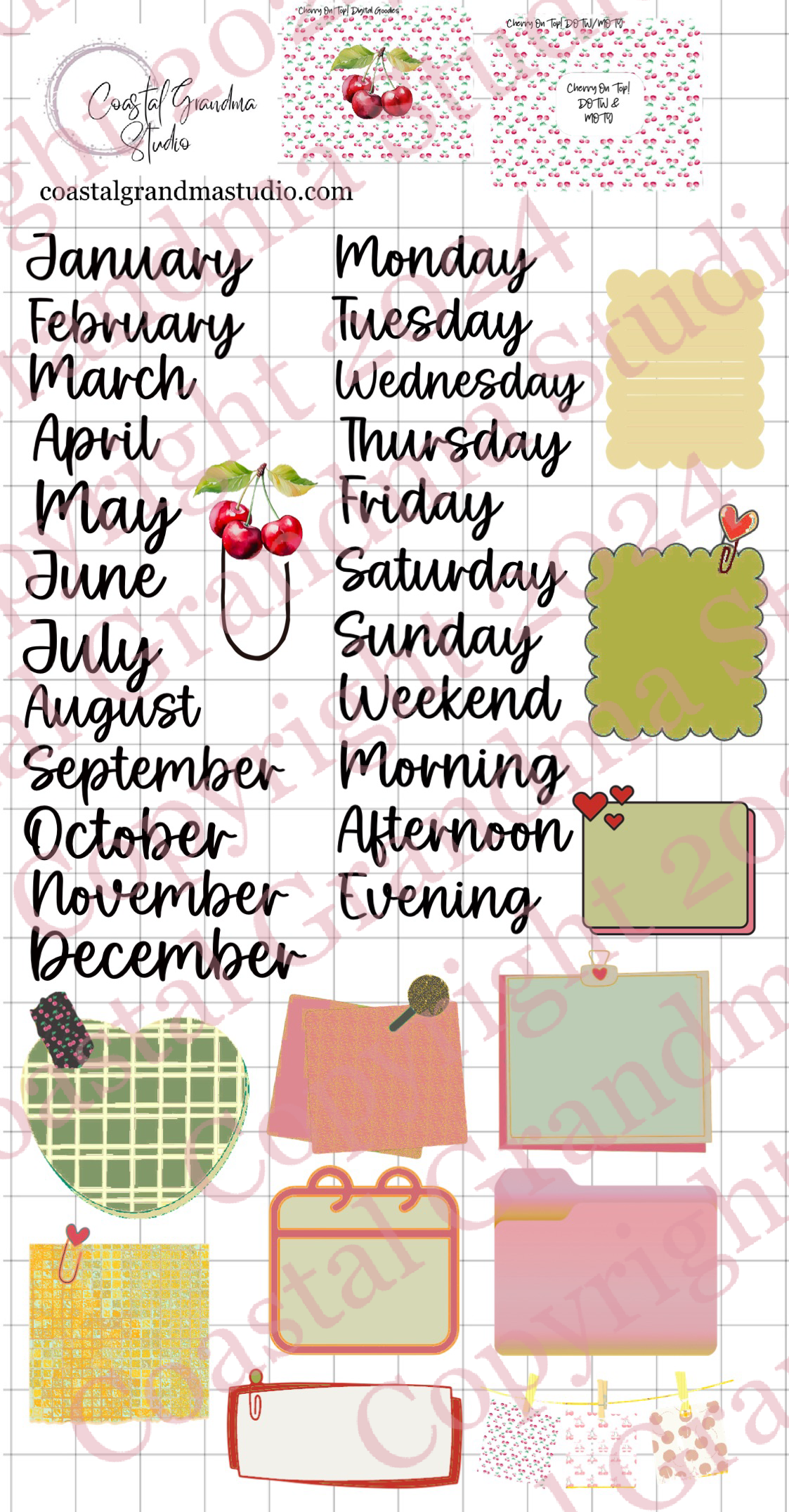 Cherry On Top! Days Of The Week/Months Of The Year Digital Pre-Cropped Stickers For Goodnotes (6100-DM)
