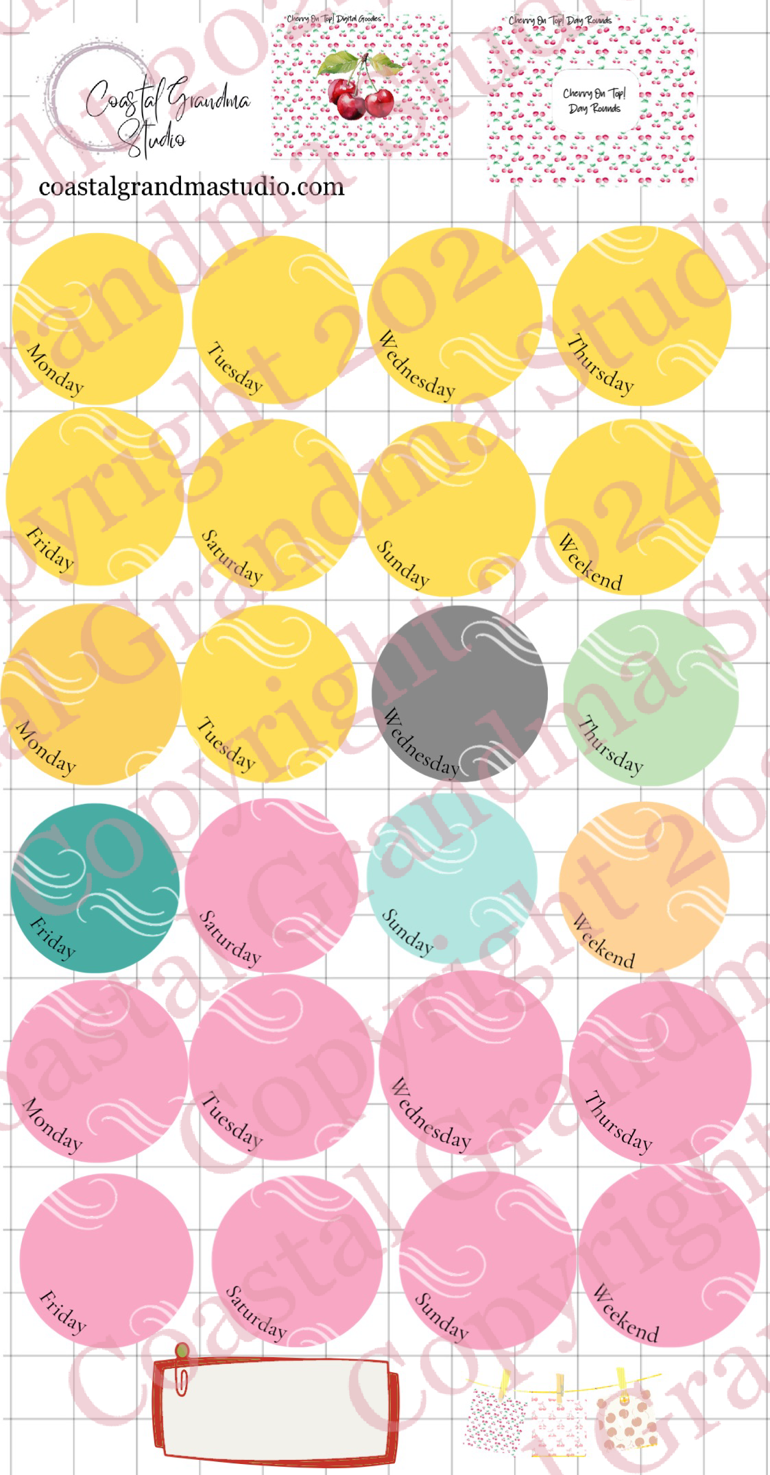 Cherry On Top! Day Rounds Digital Pre-Cropped Stickers For Goodnotes (6100-DR)