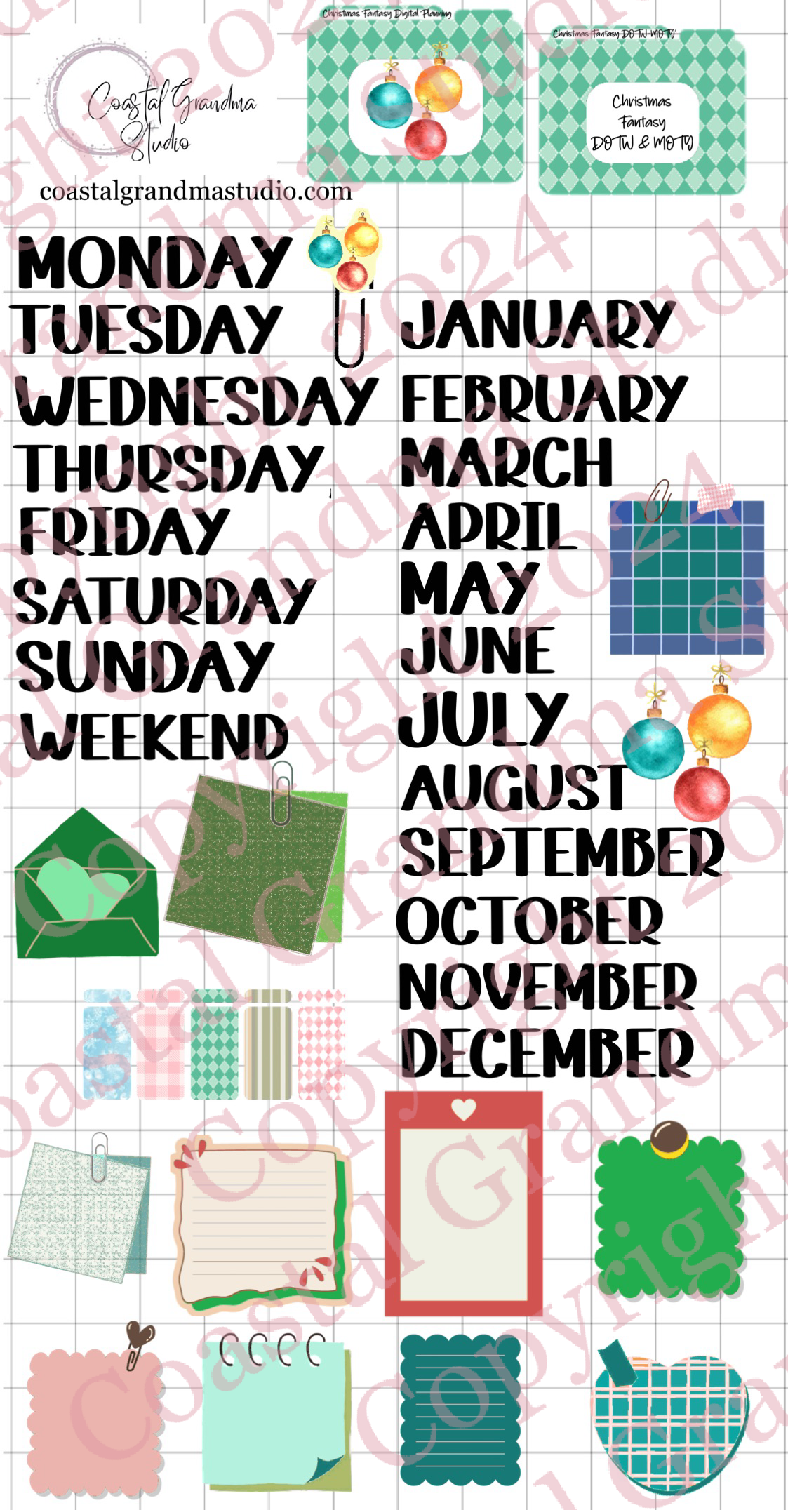 Christmas Fantasy! Days Of The Week/Months Of The Year Download Pre-Cropped Stickers For Goodnotes (5500-DM)