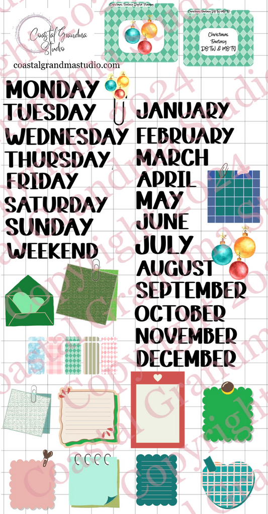 Christmas Fantasy! Days Of The Week/Months Of The Year Download Pre-Cropped Stickers For Goodnotes (5500-DM)