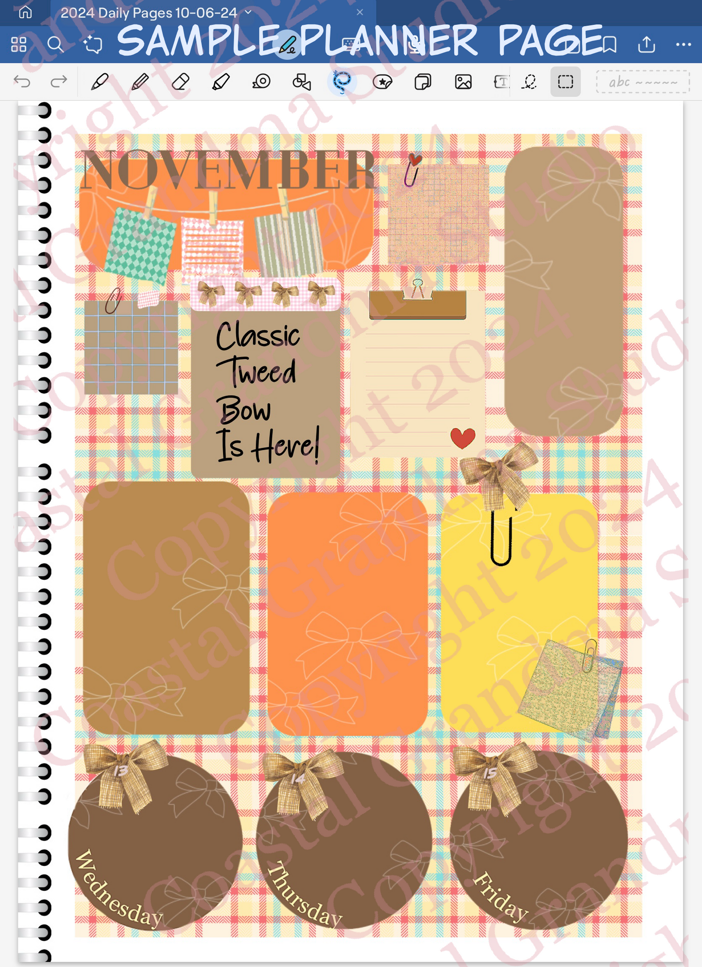 Classic Tweed Bow! Day Rounds Digital Pre-Cropped Stickers For Goodnotes (5100-DR)