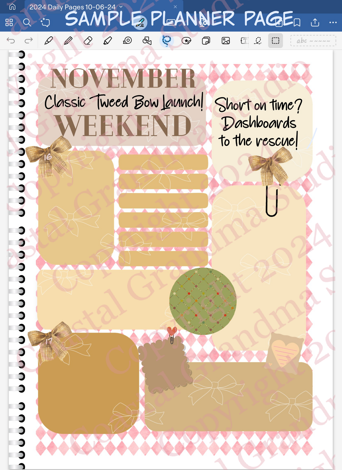 Classic Tweed Bow! Day Dashboards Digital Pre-Cropped Stickers For Goodnotes (5100-DDA)