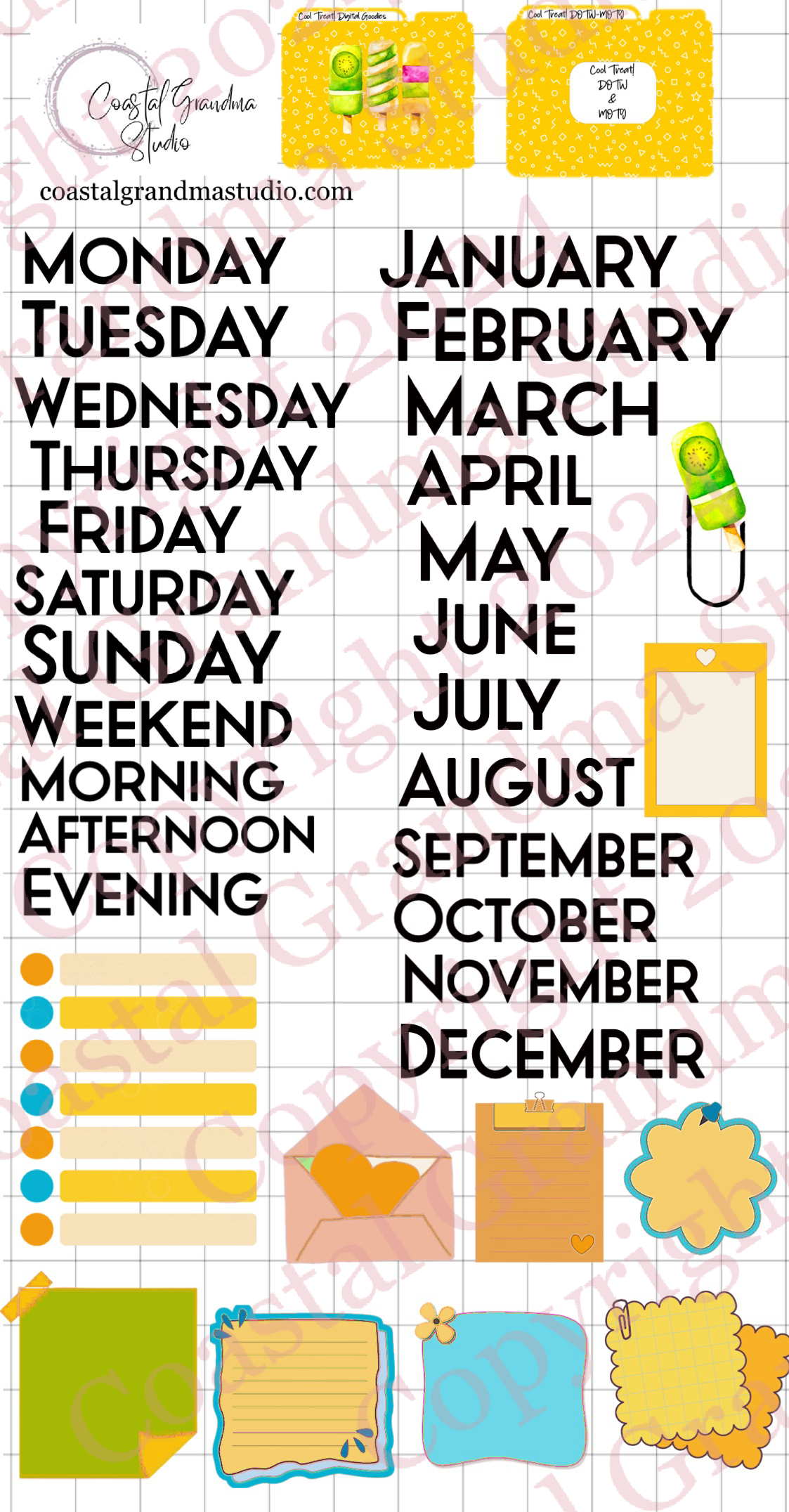 Cool Treat! Days Of The Week/Months Of The Year Digital Pre-Cropped Stickers For Goodnotes (6200-DM)