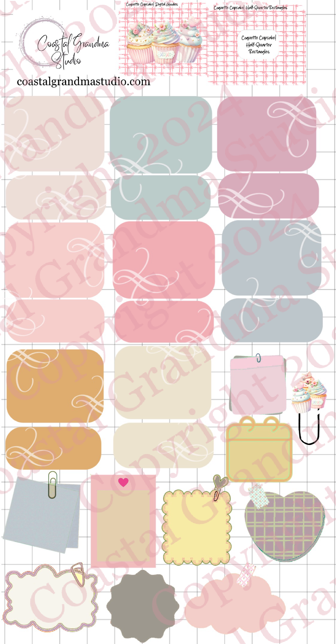 Coquette Cupcake! Half/Quarter Rectangles Digital Pre-Cropped Stickers For Goodnotes (6800-HQ)