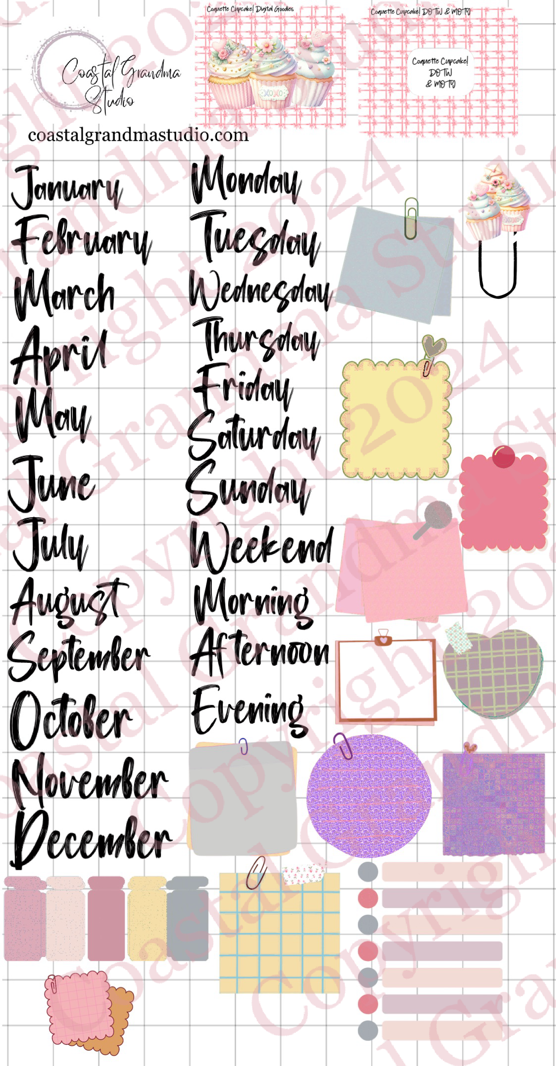 Coquette Cupcake! Days Of The Week/Months Of The Year Digital Pre-Cropped Stickers For Goodnotes (6800-DM)