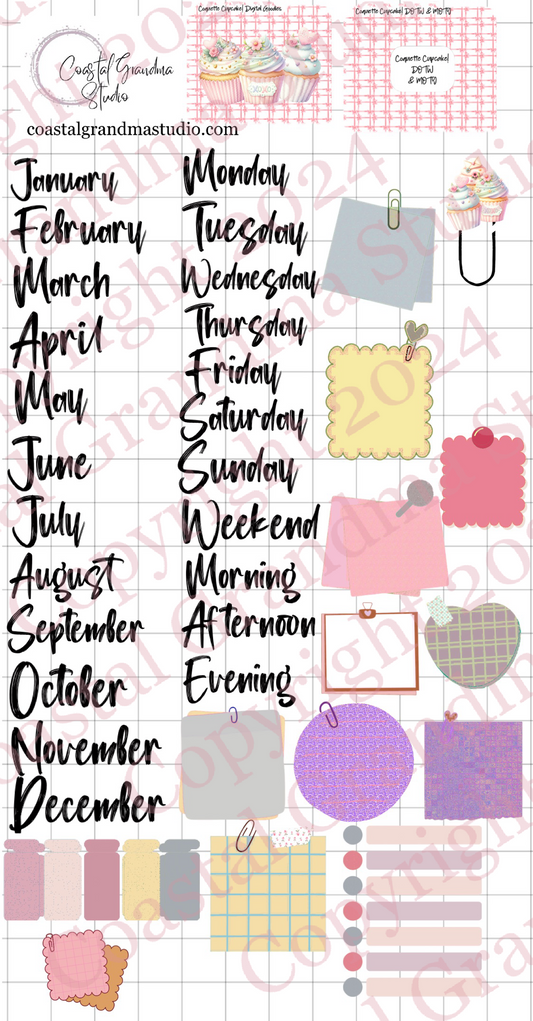 Coquette Cupcake! Days Of The Week/Months Of The Year Digital Pre-Cropped Stickers For Goodnotes (6800-DM)