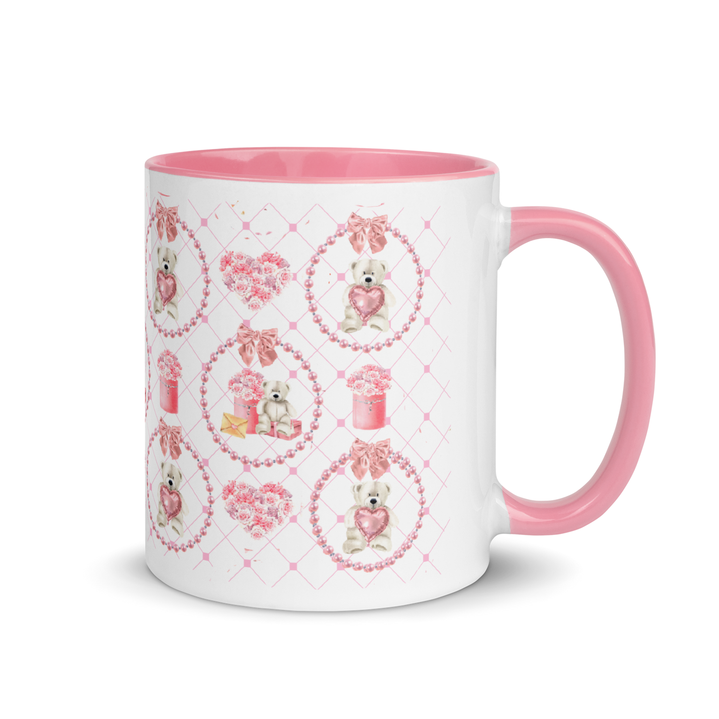 Coquette Teddy Love Ceramic Mug With Pink Handle and Interior 11 0z.