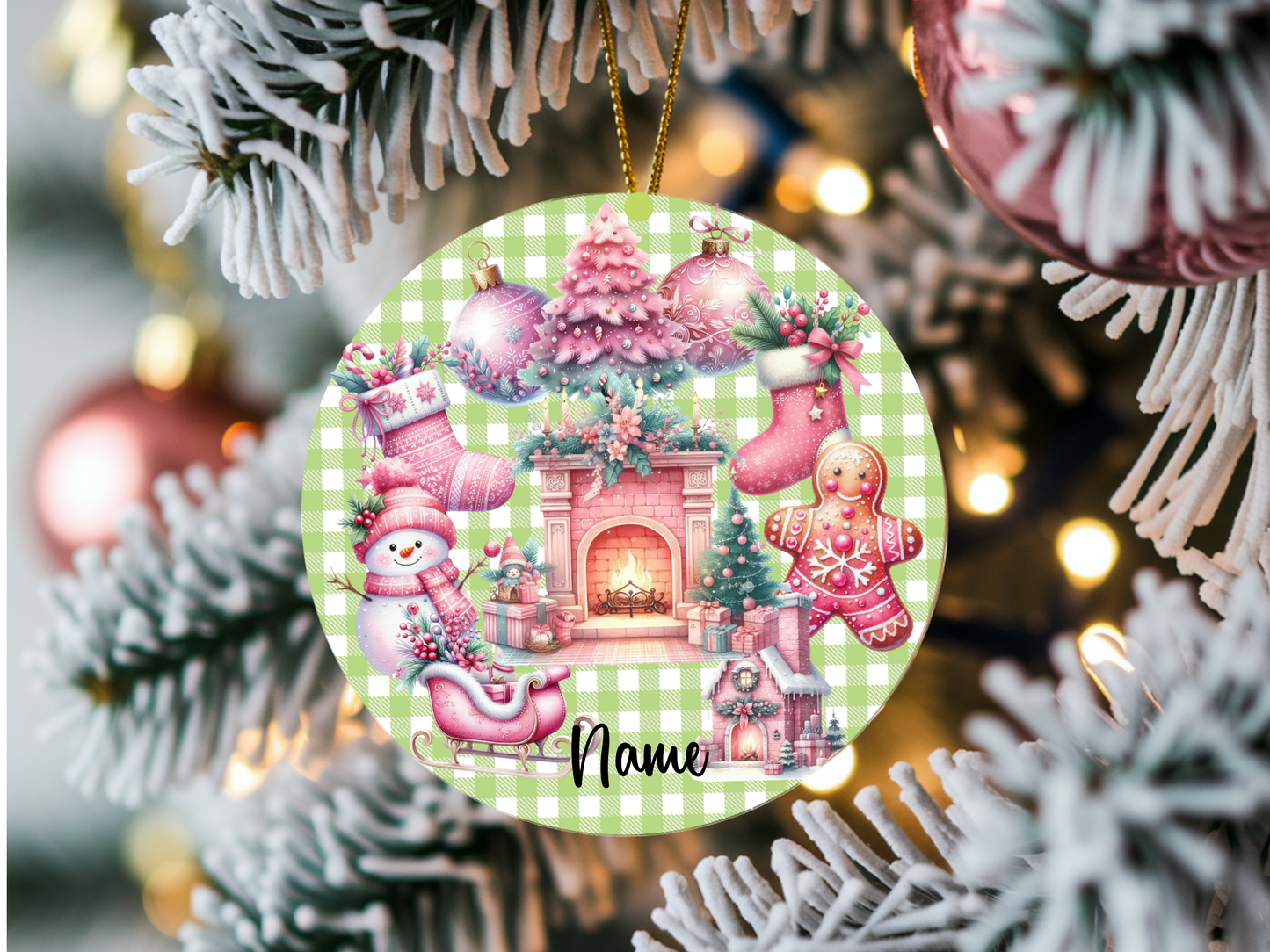 Personalized Pastel Christmas Ornament • Whimsical Pink Holiday Decor • Gingerbread & Fireplace Ornament • Happy Holidays 2025 (2025-27)