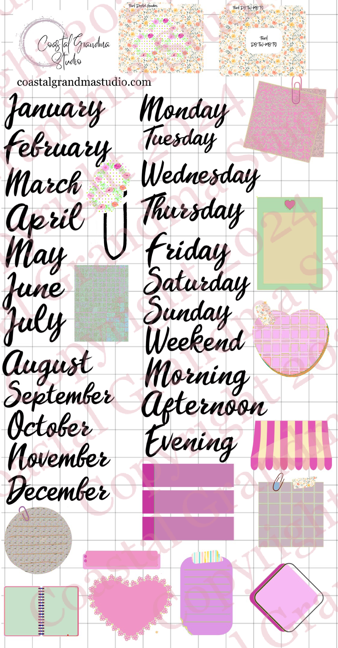 Fiori! Days Of The Week/Months Of The Year Digital Pre-Cropped Stickers For Goodnotes (7400-DM)