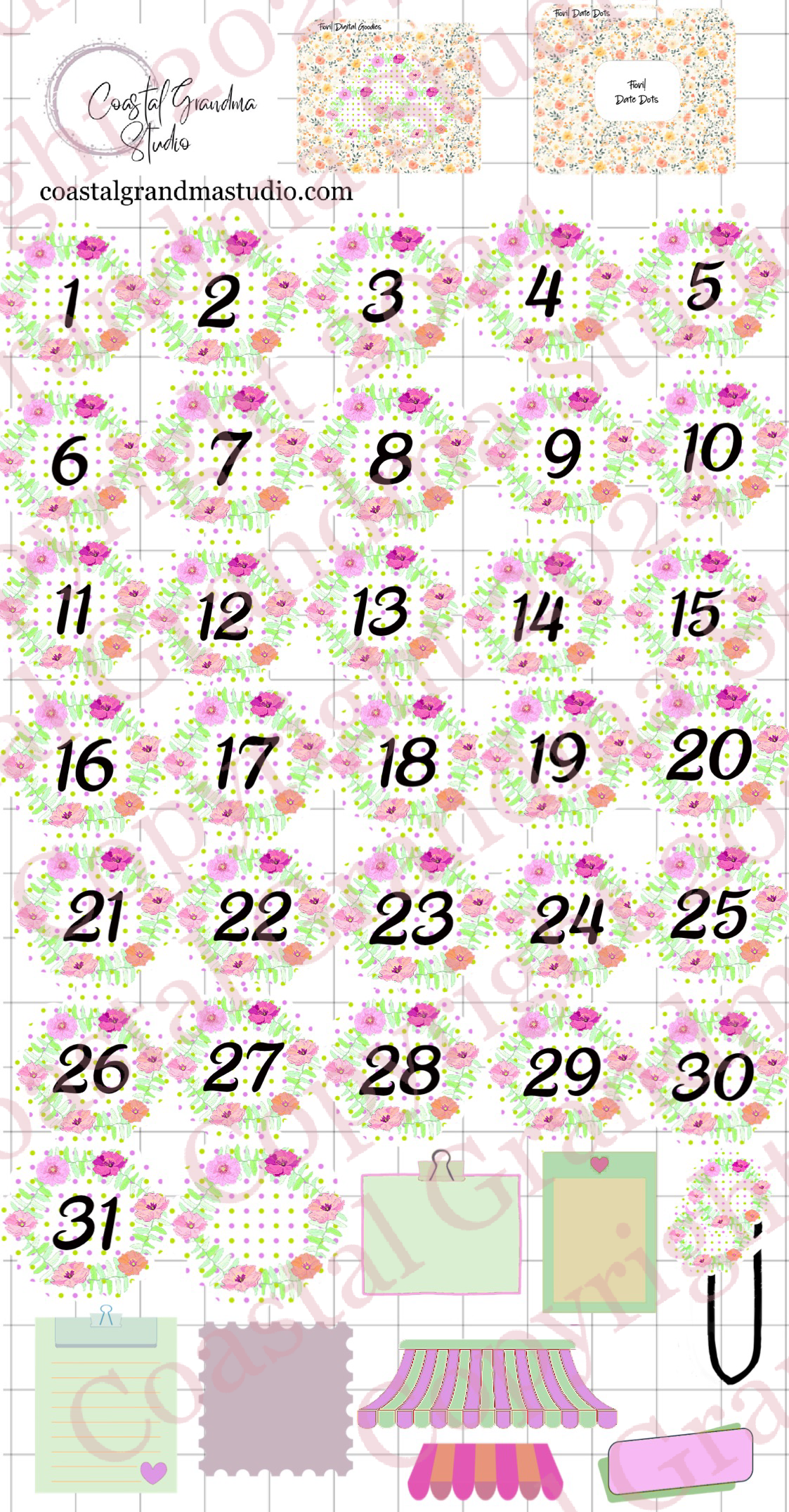 Fiori! Date Dots Digital Pre-Cropped Stickers For Goodnotes (7400-DD)