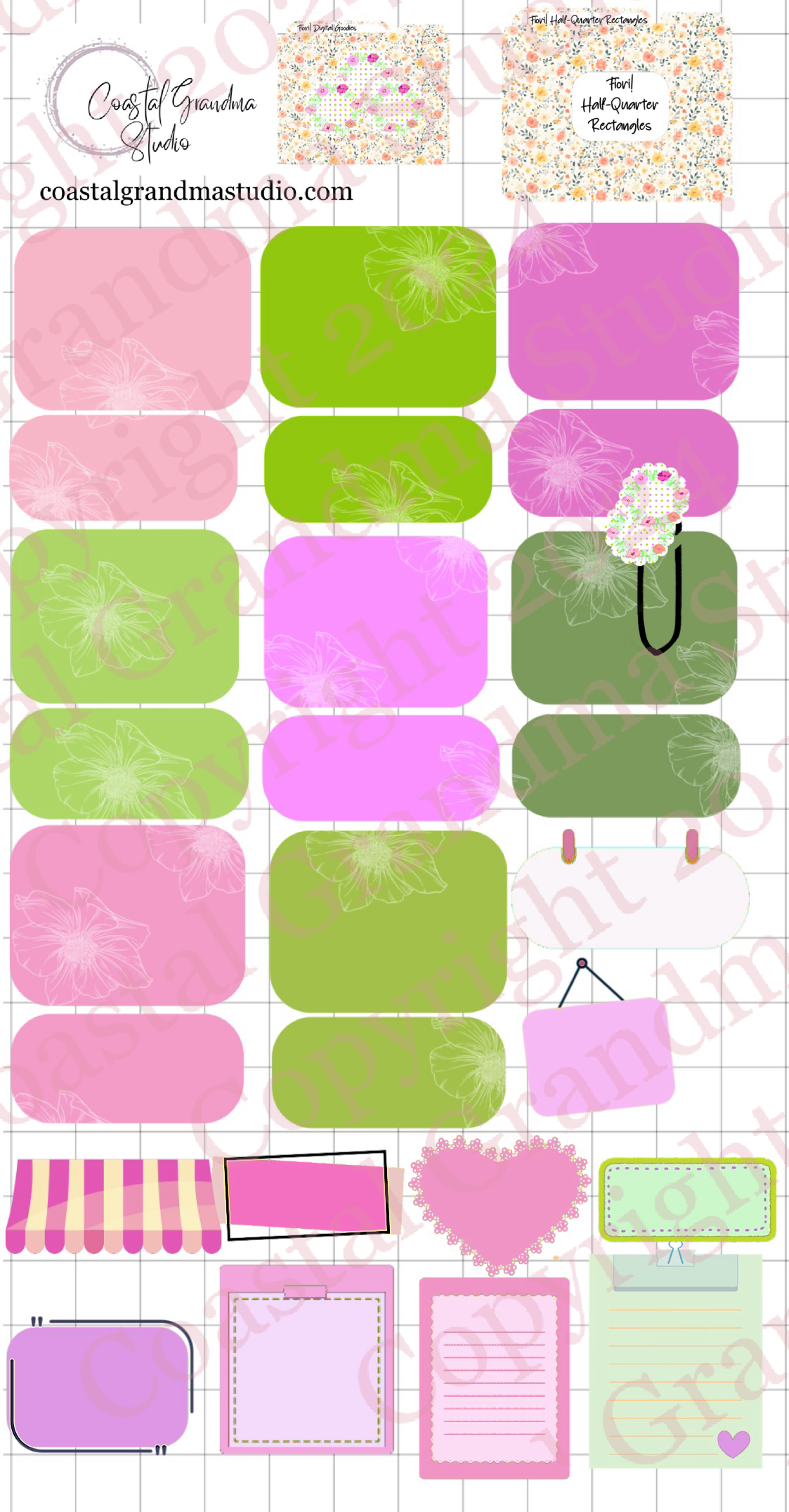 Fiori! Half/Quarter Rectangles Digital Pre-Cropped Stickers For Goodnotes (7400-HQ)