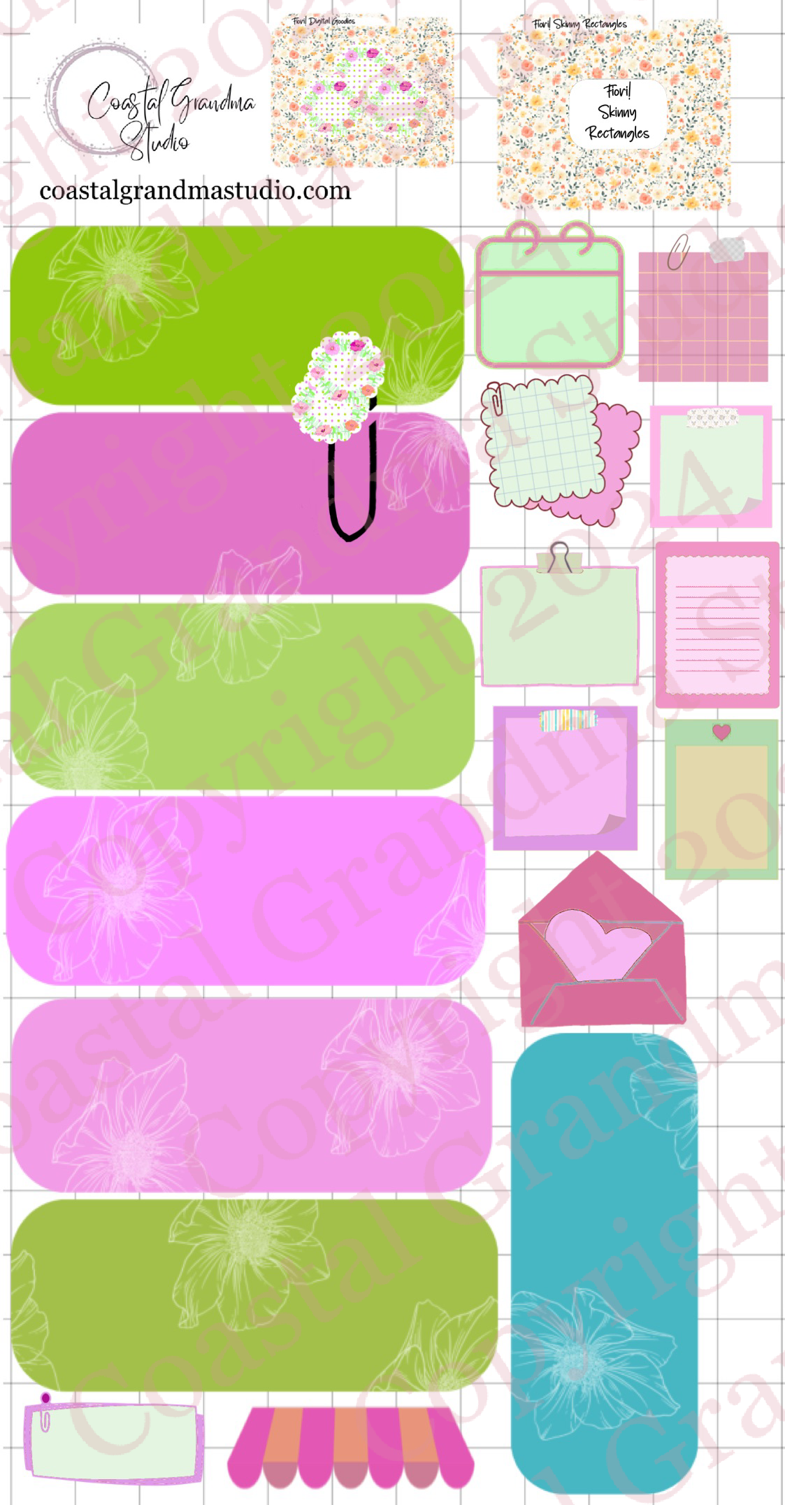 Fiori! Skinny Rectangles Digital Pre-Cropped Stickers For Goodnotes (7400-SR)