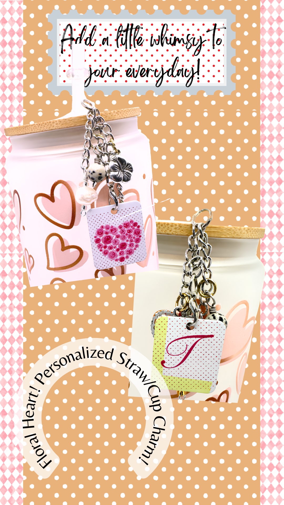 Floral Heart Personalized Straw/Cup Charm (1594-CC)