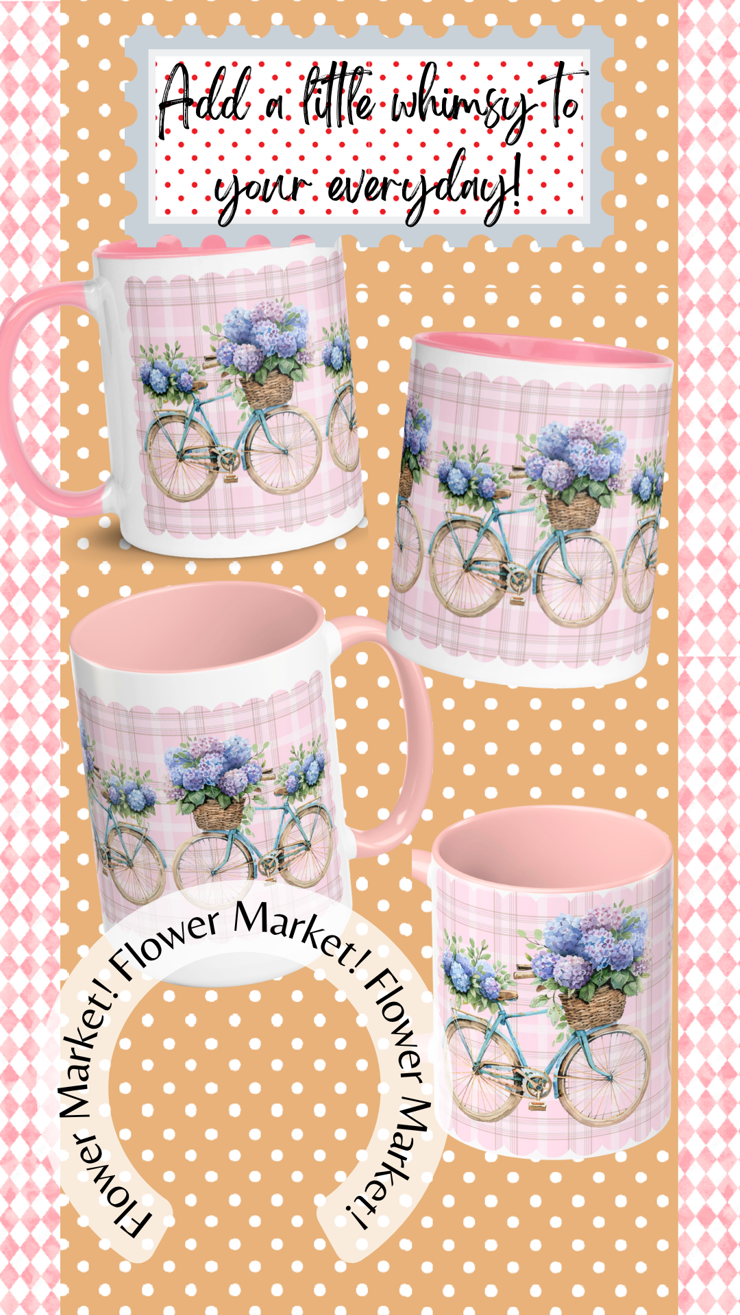 Flower Market Ceramic Mug With Pink Handle, Rim and Interior 11 oz.