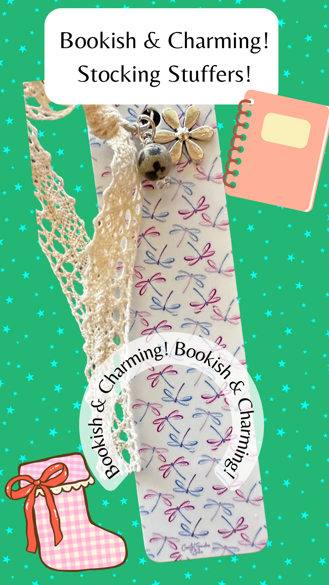 A lightweight aluminum bookmark with vintage lace, charms, and a jasper bead, featuring a soft floral and dragonfly pattern. Coquette aesthetic.Stuffers!'.