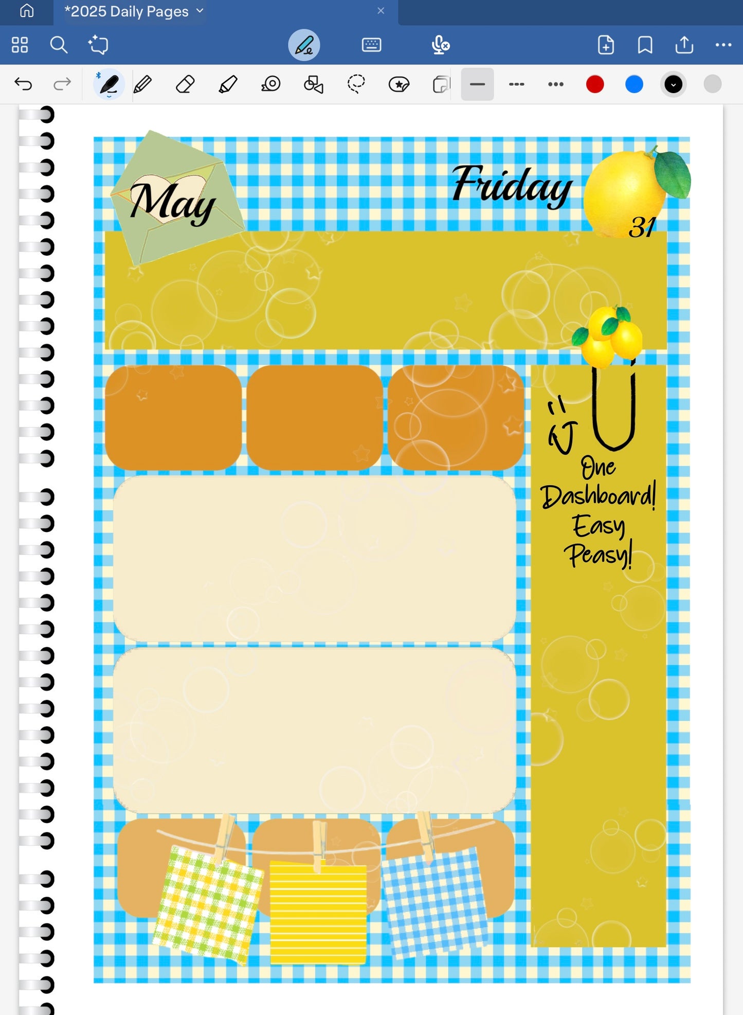 Goodnotes digital planner spread using just one dahboard, lemon date dots and coordinating patterned paper from the Limoncello Digital Sticker Bundle.