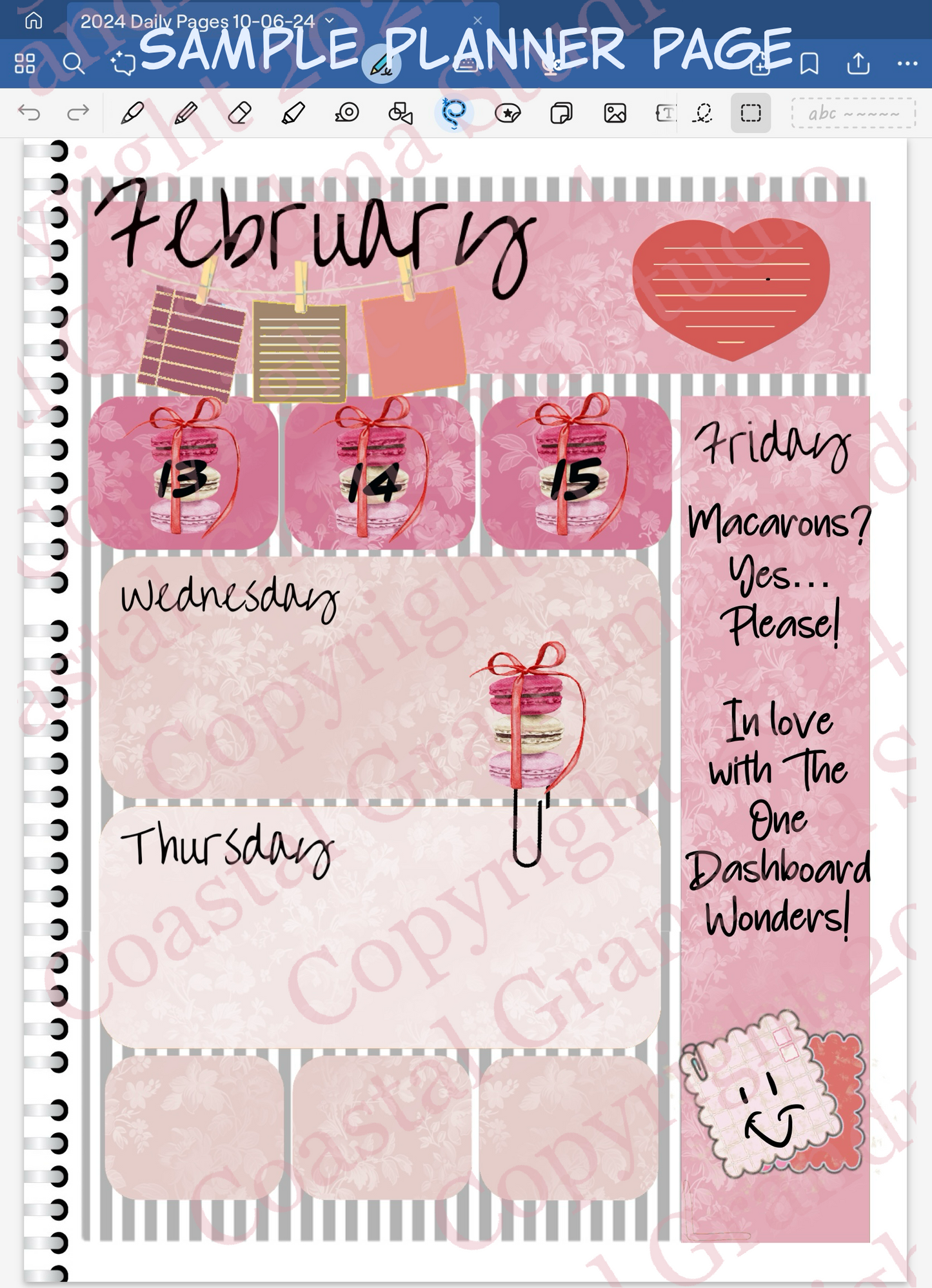 Goodnotes digital planner spread only using date dots and coordinating stickers and patterned papers.