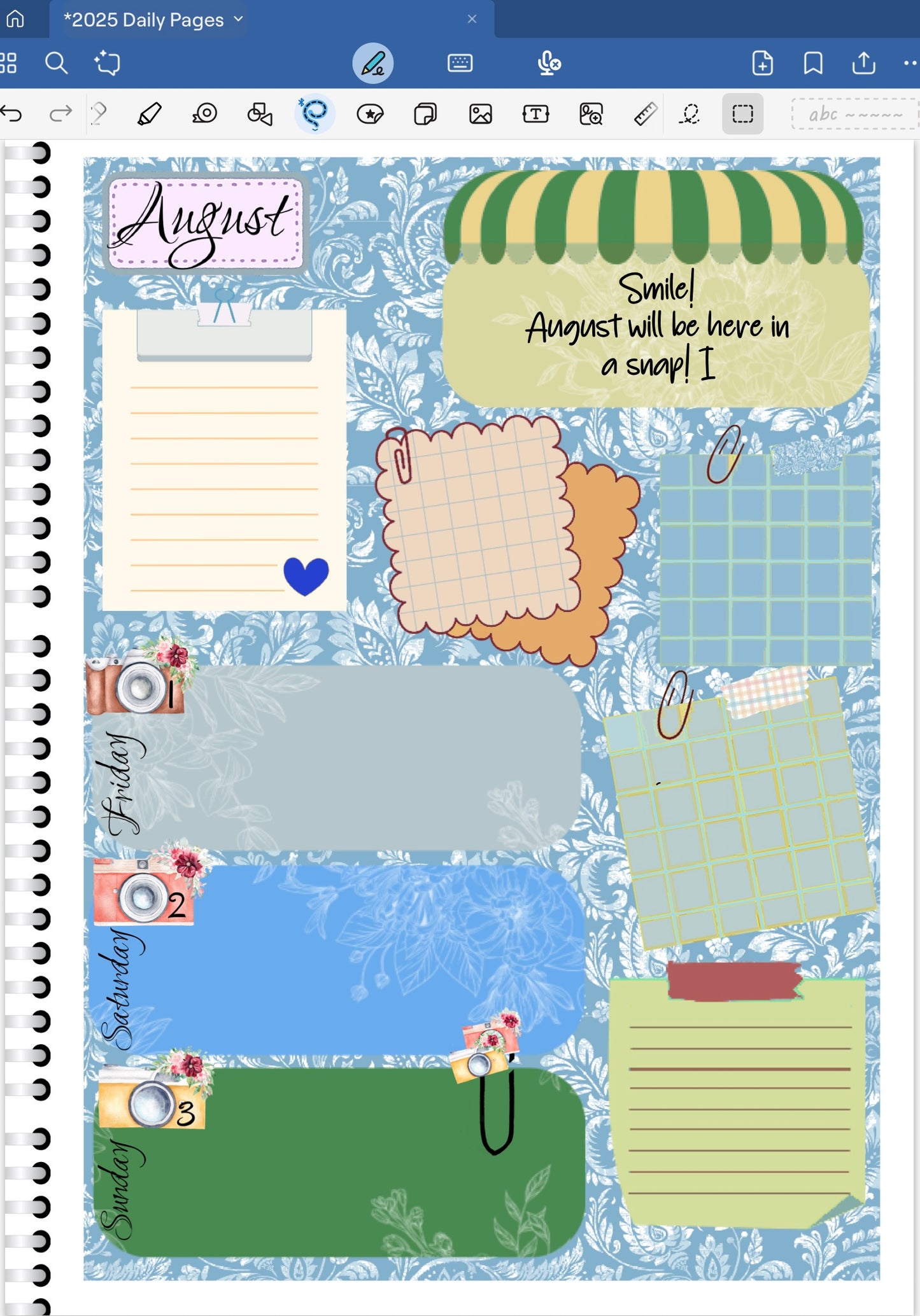 Goodnote digital planner spread only using date dots, stickers and coordinating patterned paper from the Smile Digital Sticker Bundle.