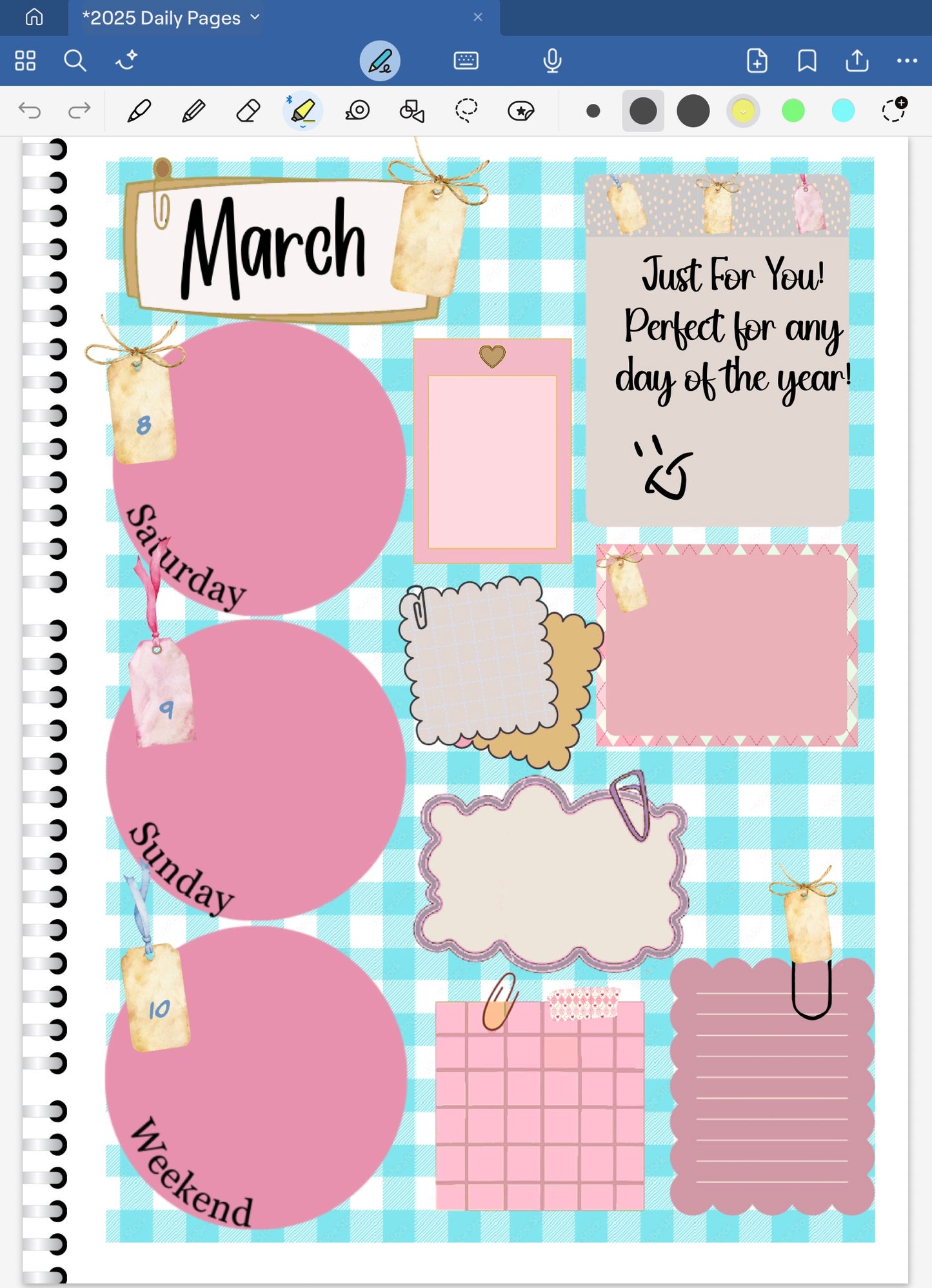 Goodnotes digital planner spread with pinks and blues gift tag date dots.
