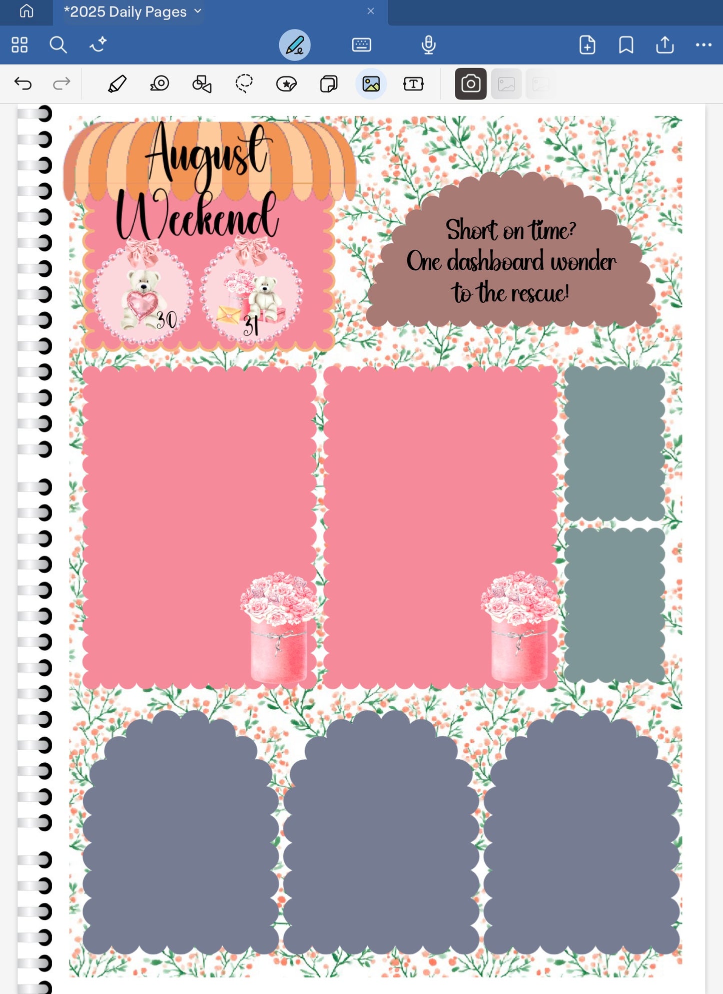 Goodnotes digital planner spread only using one dashboard template, date dots, stickers and coordinating patterned deco paper from the Coquette Teddy Love Digital Sticker BUndle.