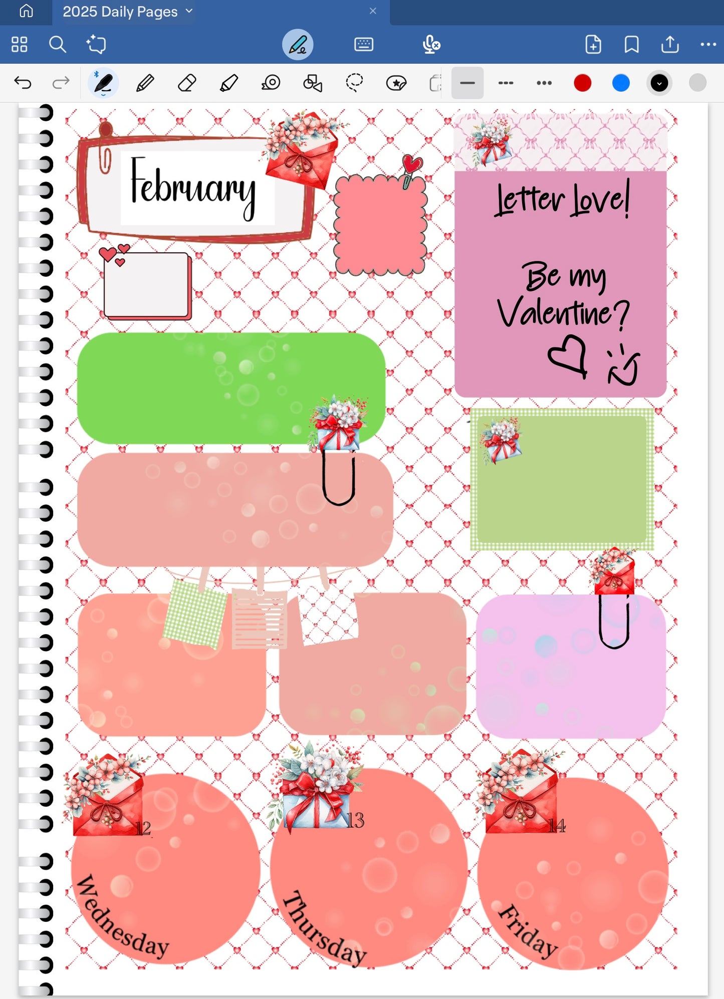 Goodnotes digital planner spread using letter love date dots, coordinating digital stickers and patterned paper from the bundle.