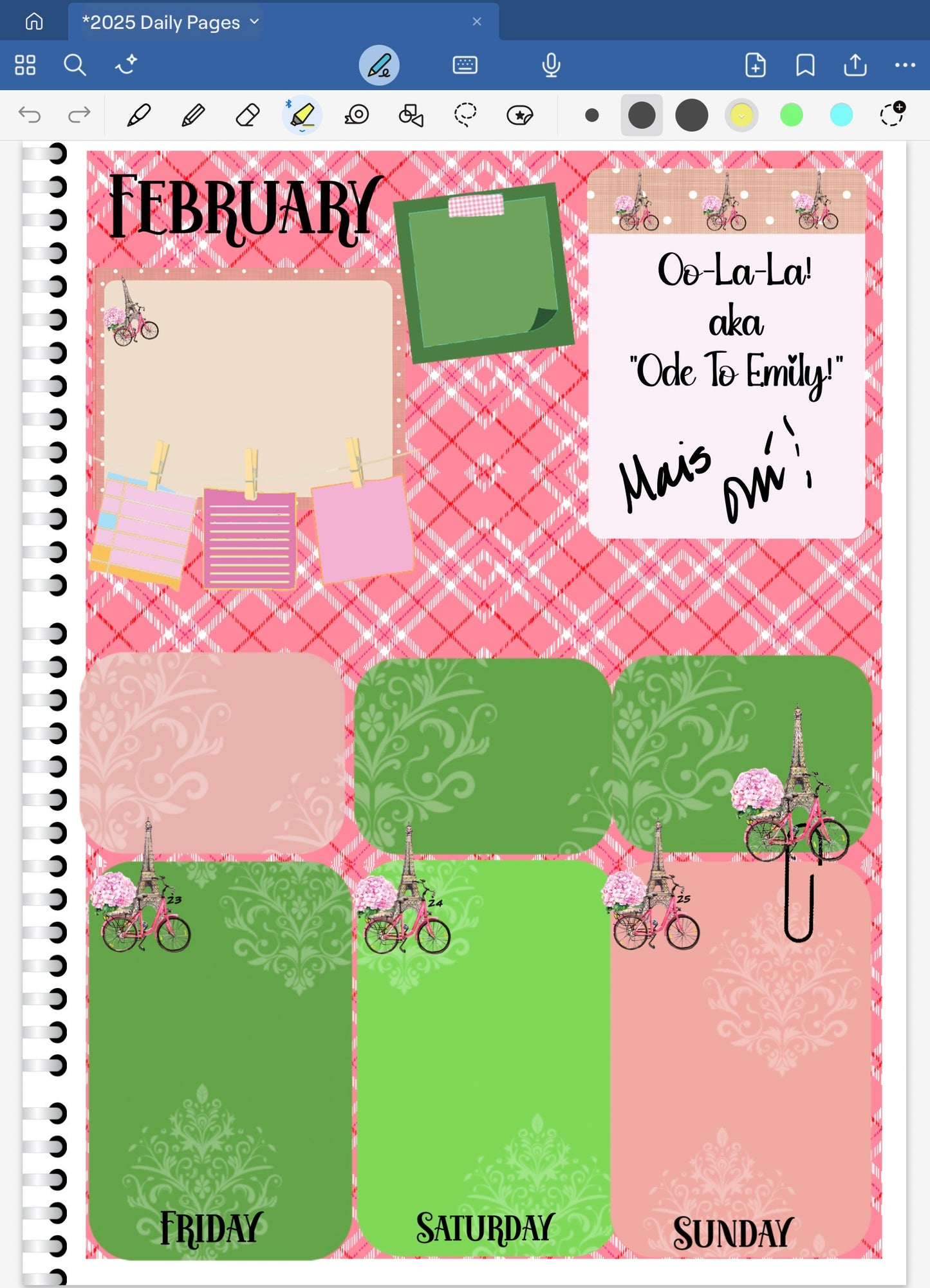 Goodnotes digital planner spread using only date dots, coordinating stickers and patterned papers all from one bundle.