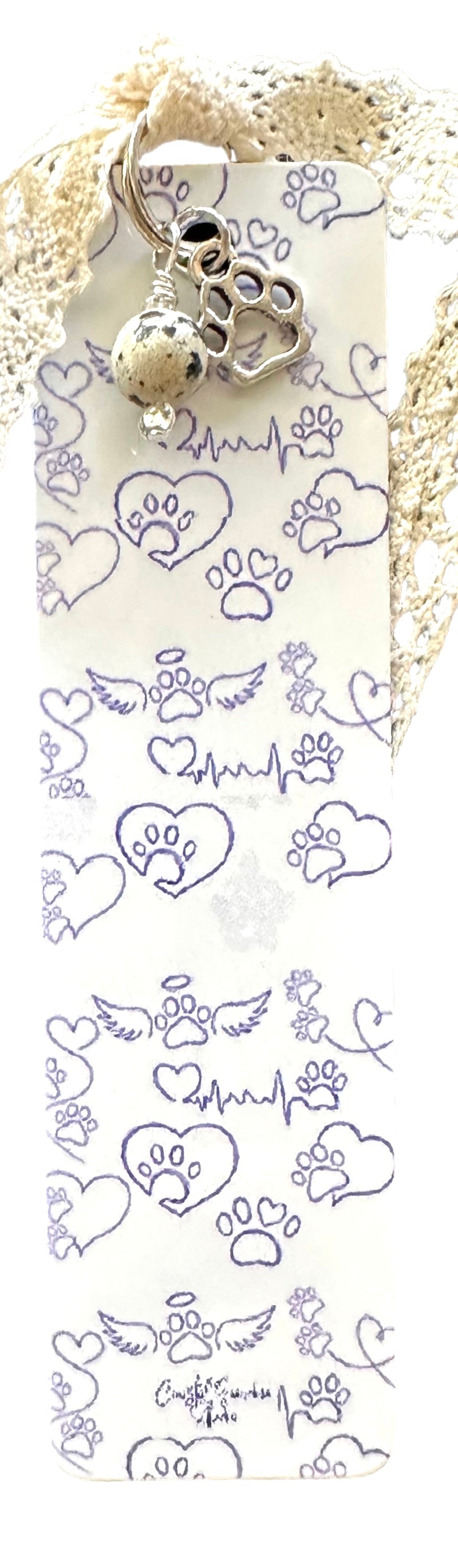 Paw Prints On My Heart! LIghtweight Aluminum Bookmark With Vintage Lace, Charms & a Jasper Bead (1508-B)