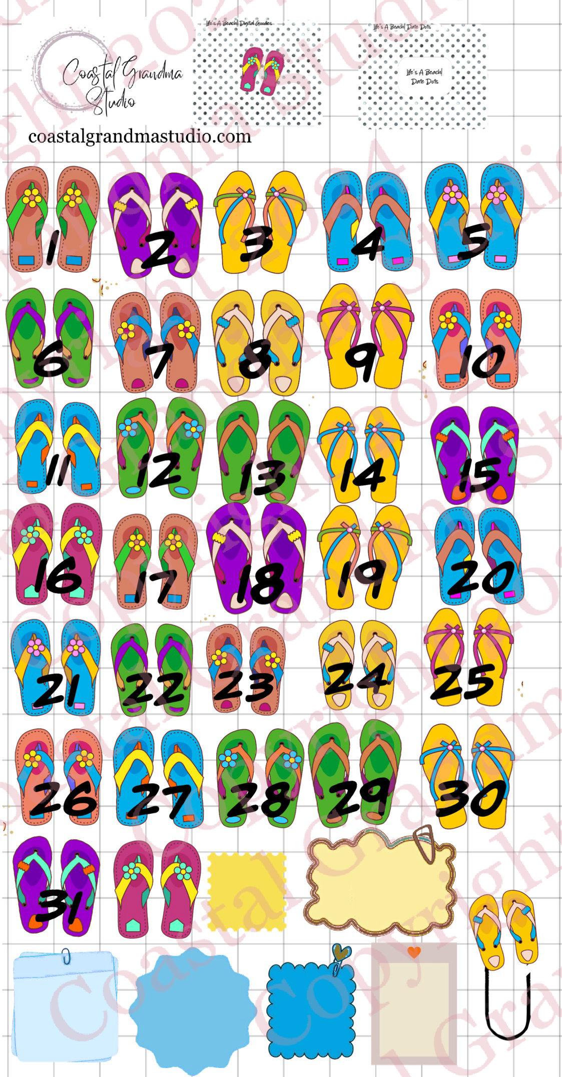 Life's A Beach! Date Dots Digital Pre-Cropped Stickers For Goodnotes (6300-DD)