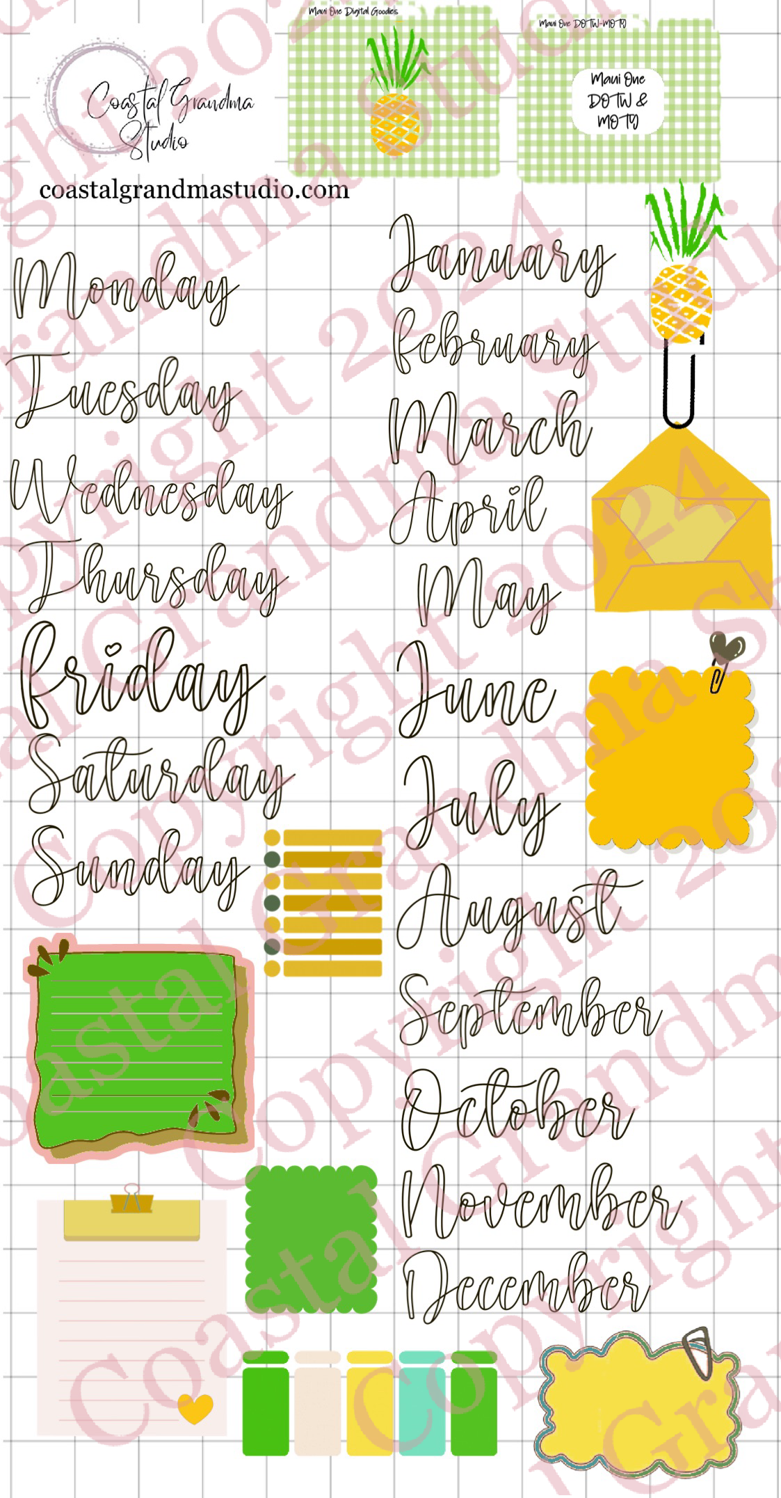 For Maui With Love One! Days Of The Week/Months Of The Year Digital Pre-Cropped Stickers For Goodnotes (5300-DM)