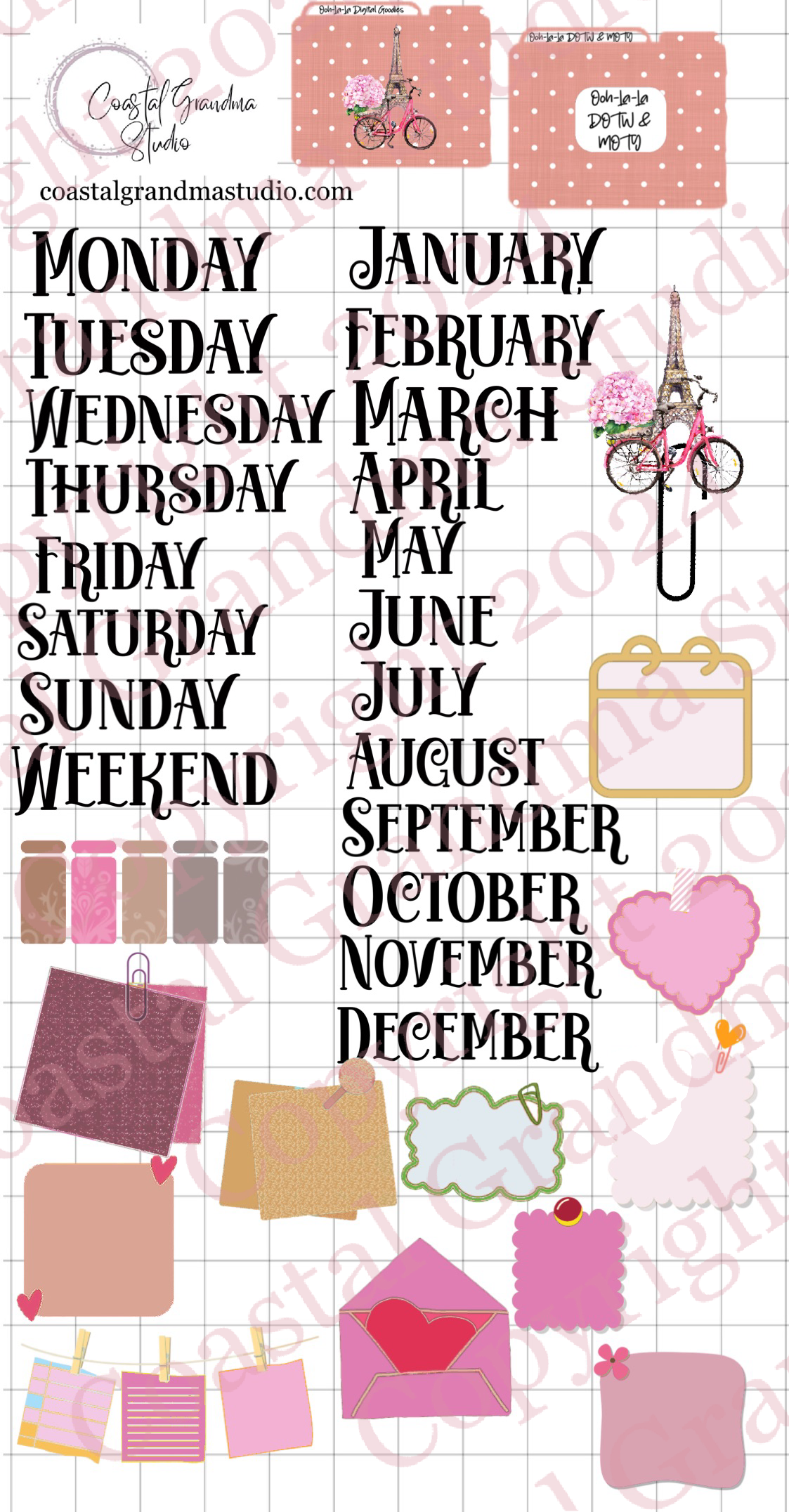 Ooh-La-La! Days Of The Week/Months Of The Year Digital Pre-Cropped Stickers For Goodnotes (5200-DM)