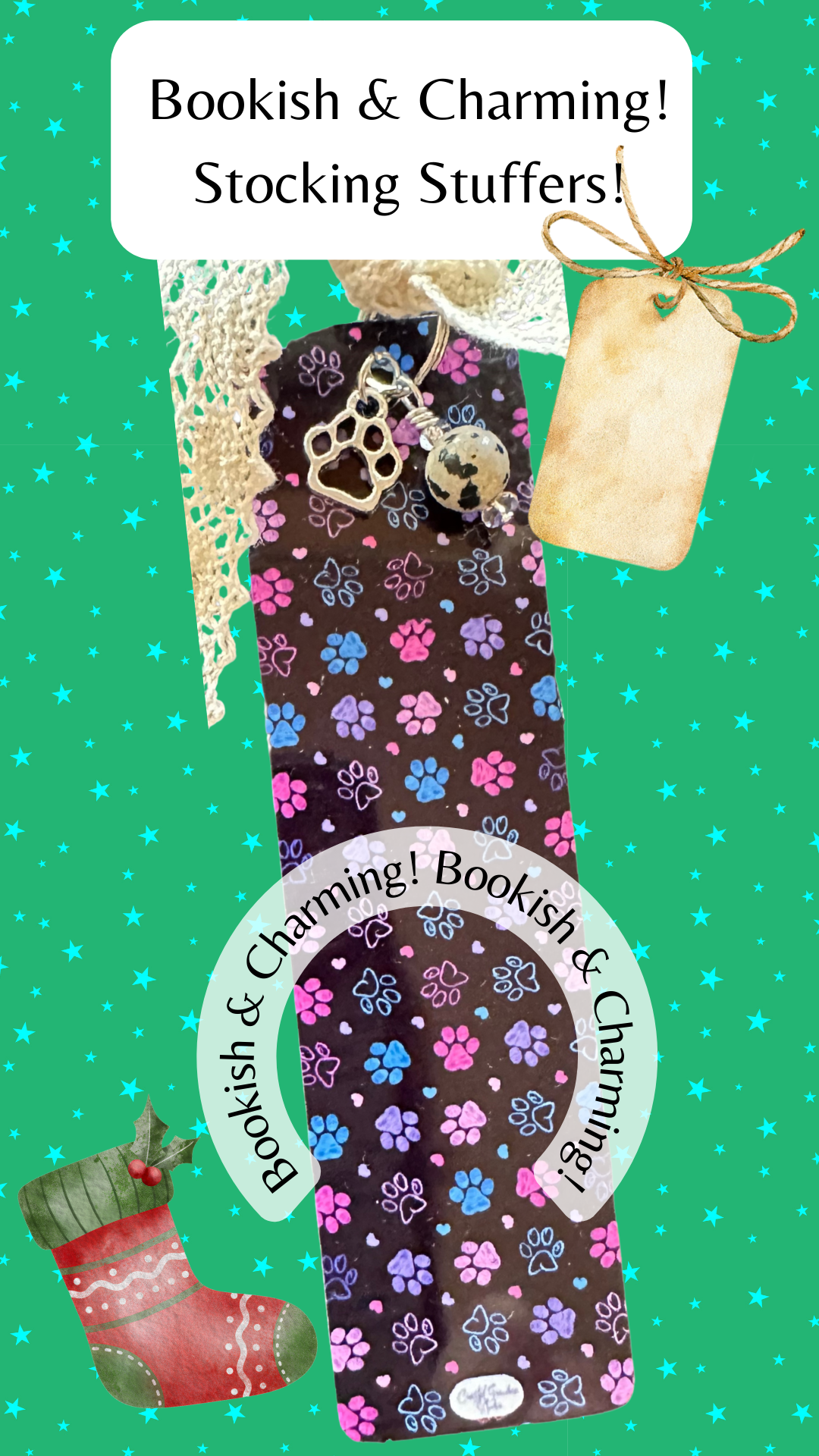Designed with a lightweight aluminum base, this cute aesthetic bookmark features a delicate emetal paw print charm, a Dalmatian jasper bead charm, and a soft cotton lace ribbon for a touch of shabby, yet chic charm.
