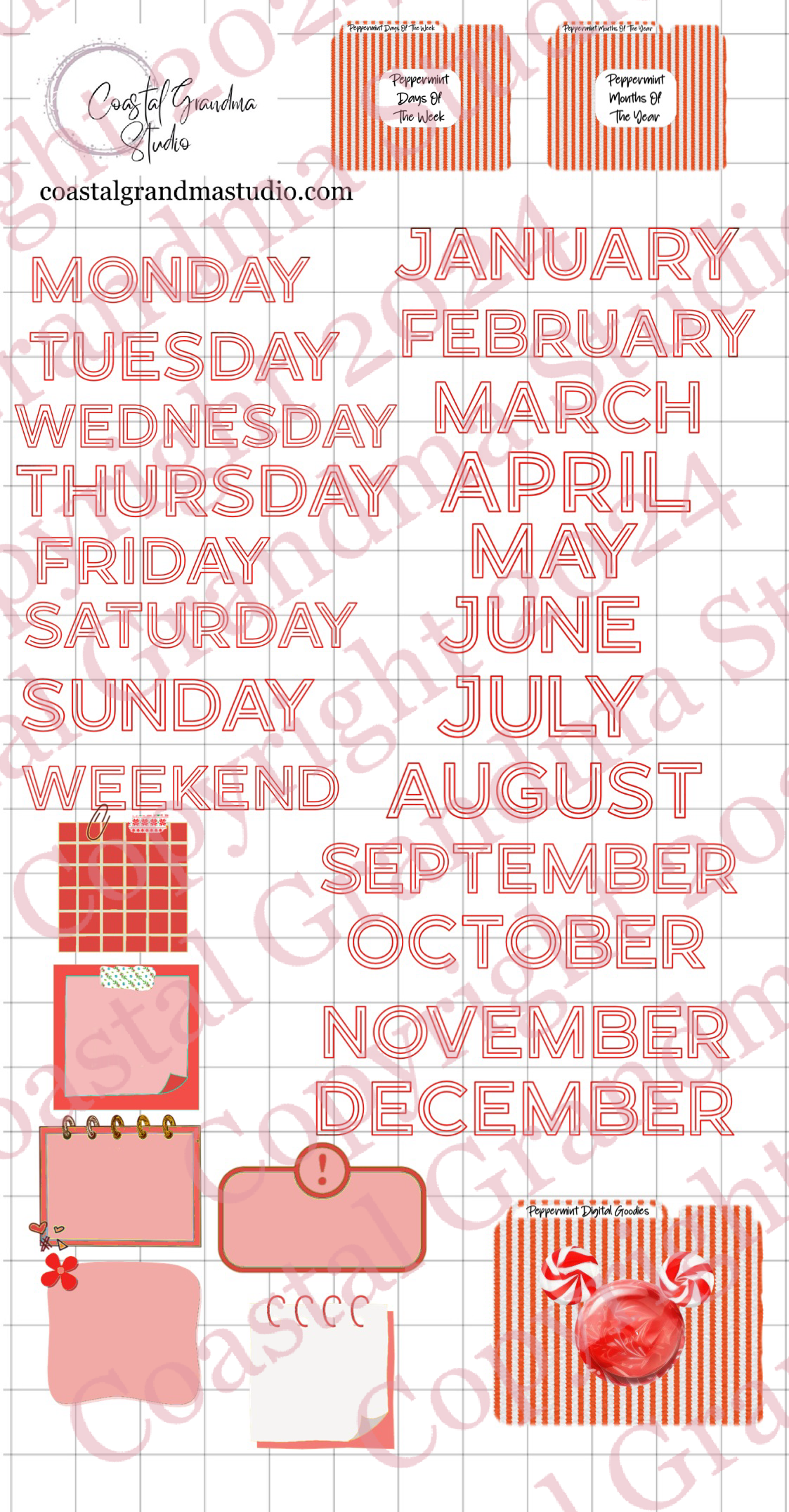 Peppermint Days Of The Week/Months Of The Year Digital Pre-Cropped Stickers For Goodnotes (4300-DM)